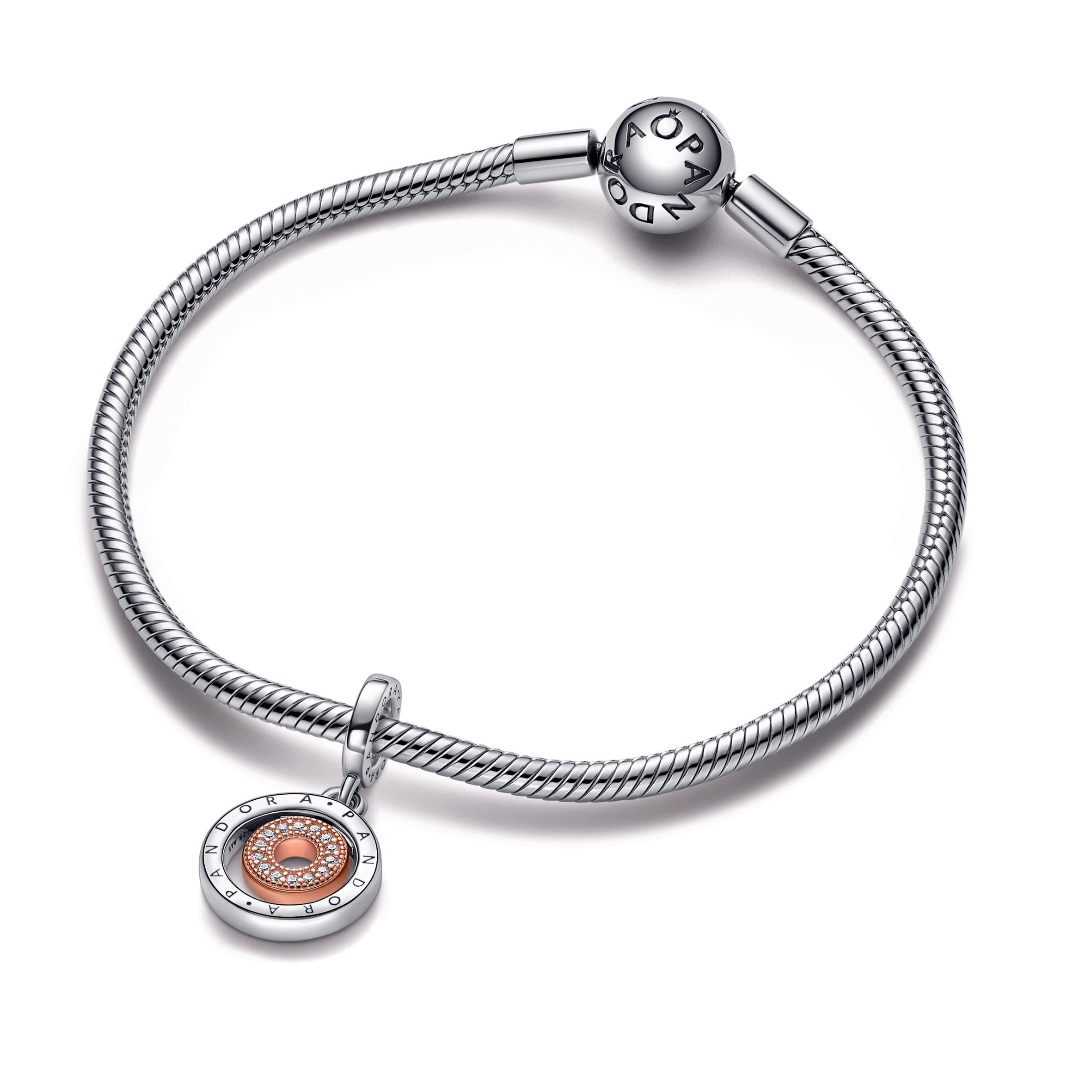 Two-tone PANDORA Logo Circles Dangle Charm 14K Rose Gold Plated Unique Metal Blend Charms Bracelet Charm Jewelry Gift