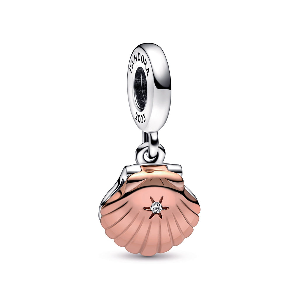 PANDORA Club 2023 Sea Shell And Treated Freshwater Cultured Pearl Dangle Charm 14K Rose Gold Plated Unique Metal Blend Charms Bracelet Charm Jewelry