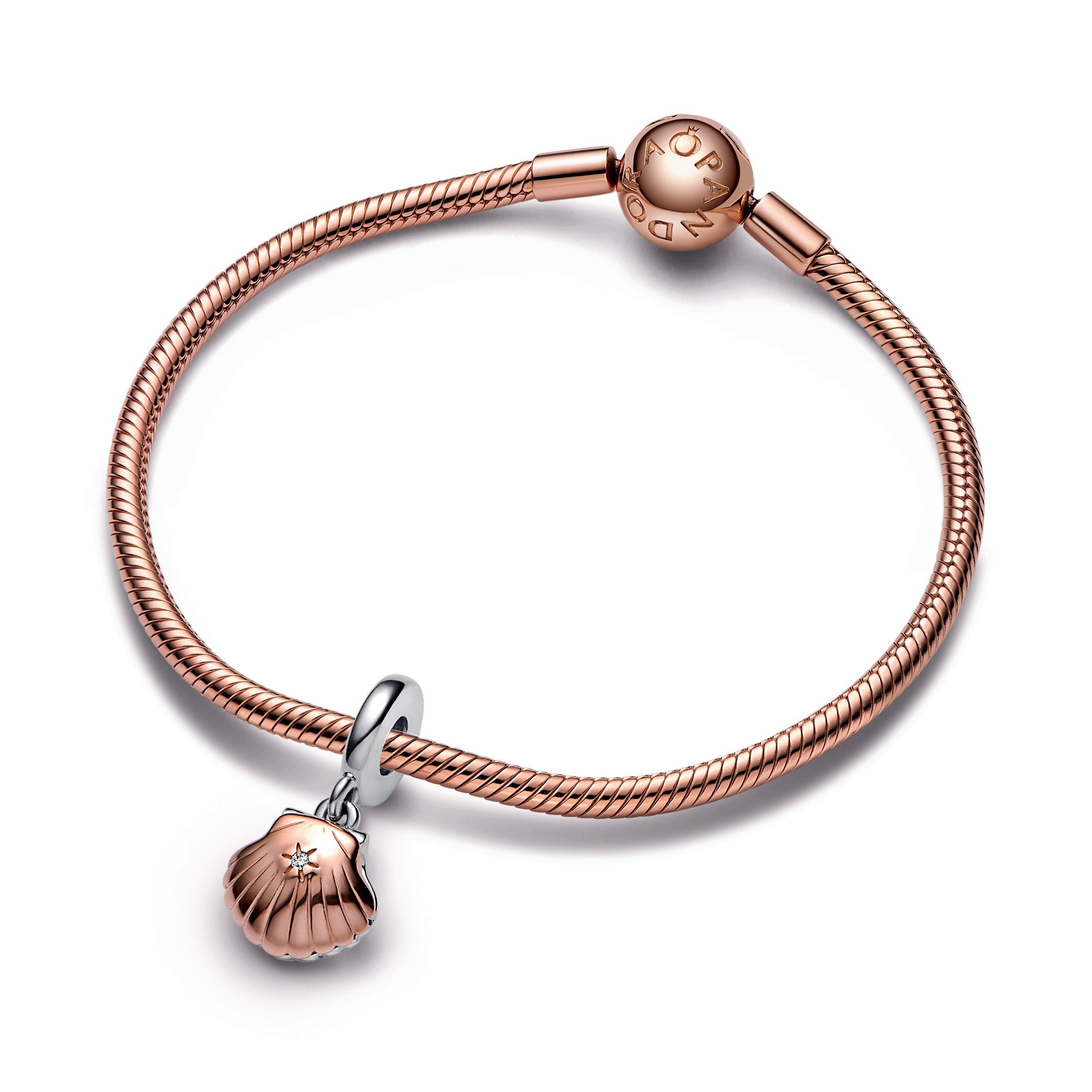 PANDORA Club 2023 Sea Shell And Treated Freshwater Cultured Pearl Dangle Charm 14K Rose Gold Plated Unique Metal Blend Charms Bracelet Charm Jewelry