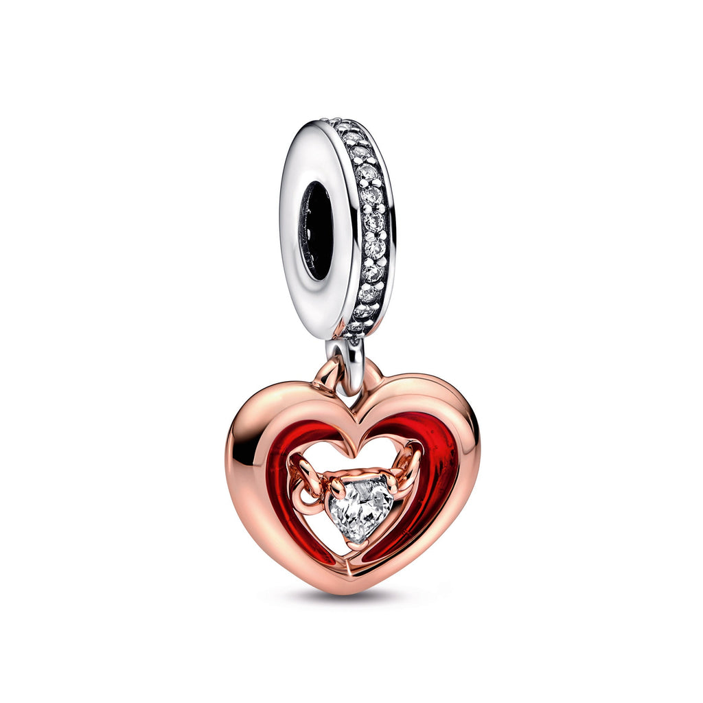 PANDORA Two-tone Radiant Heart Dangle Charm 14K Rose Gold Plated Unique Metal Blend Charms Bracelet Charm Jewelry Gift