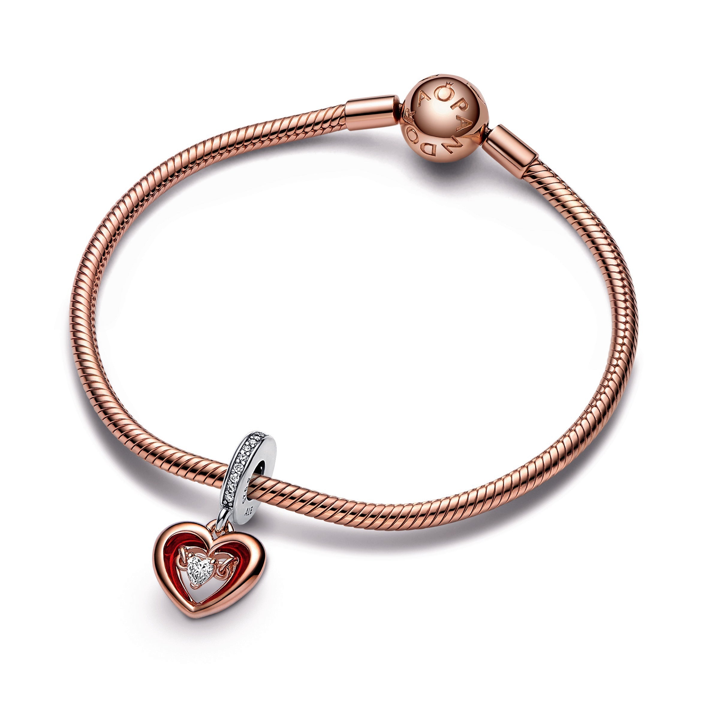 PANDORA Two-tone Radiant Heart Dangle Charm 14K Rose Gold Plated Unique Metal Blend Charms Bracelet Charm Jewelry Gift