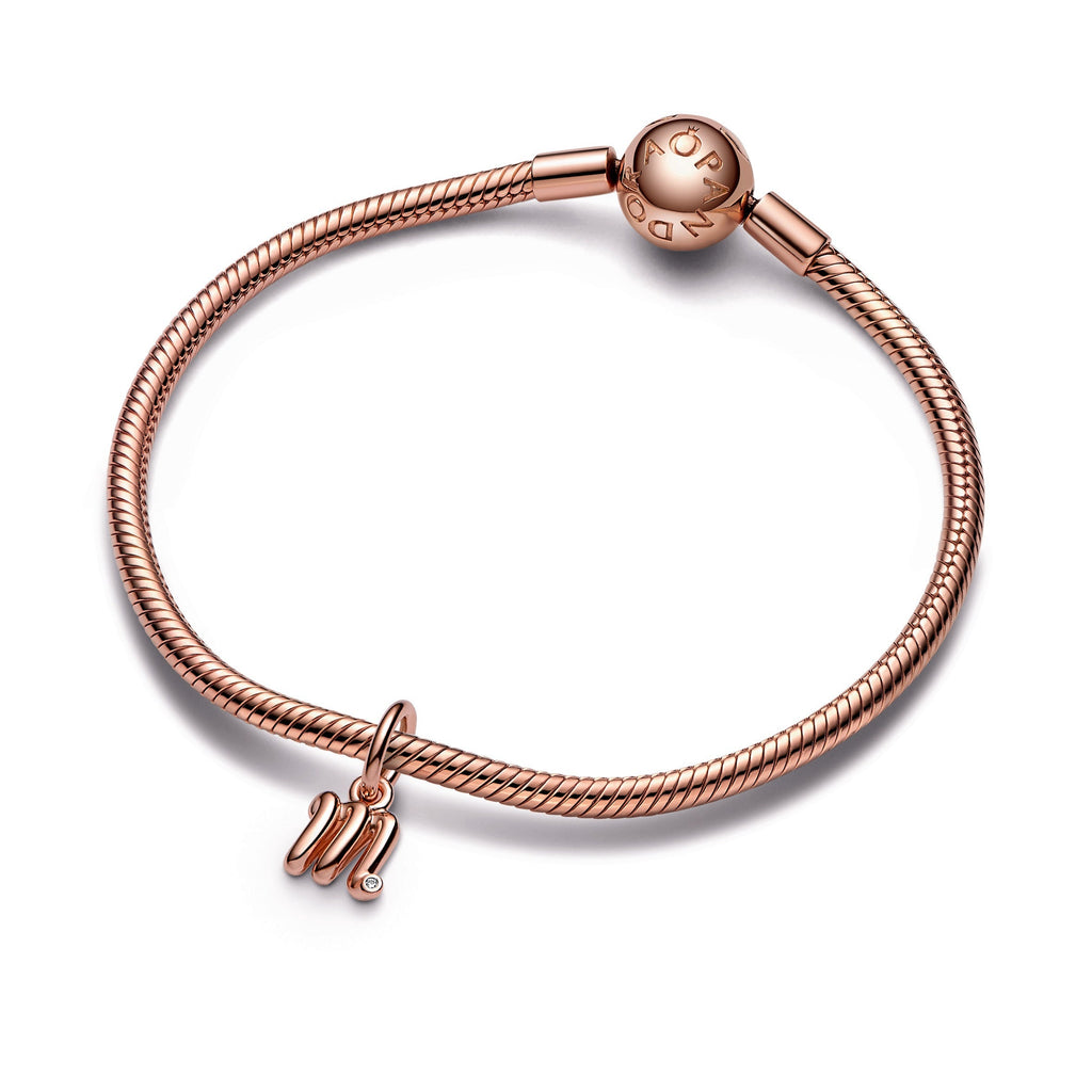 PANDORA Letter M Script Alphabet Dangle Charm 14K Rose Gold Plated Unique Metal Blend Charms Bracelet Charm Jewelry Gift