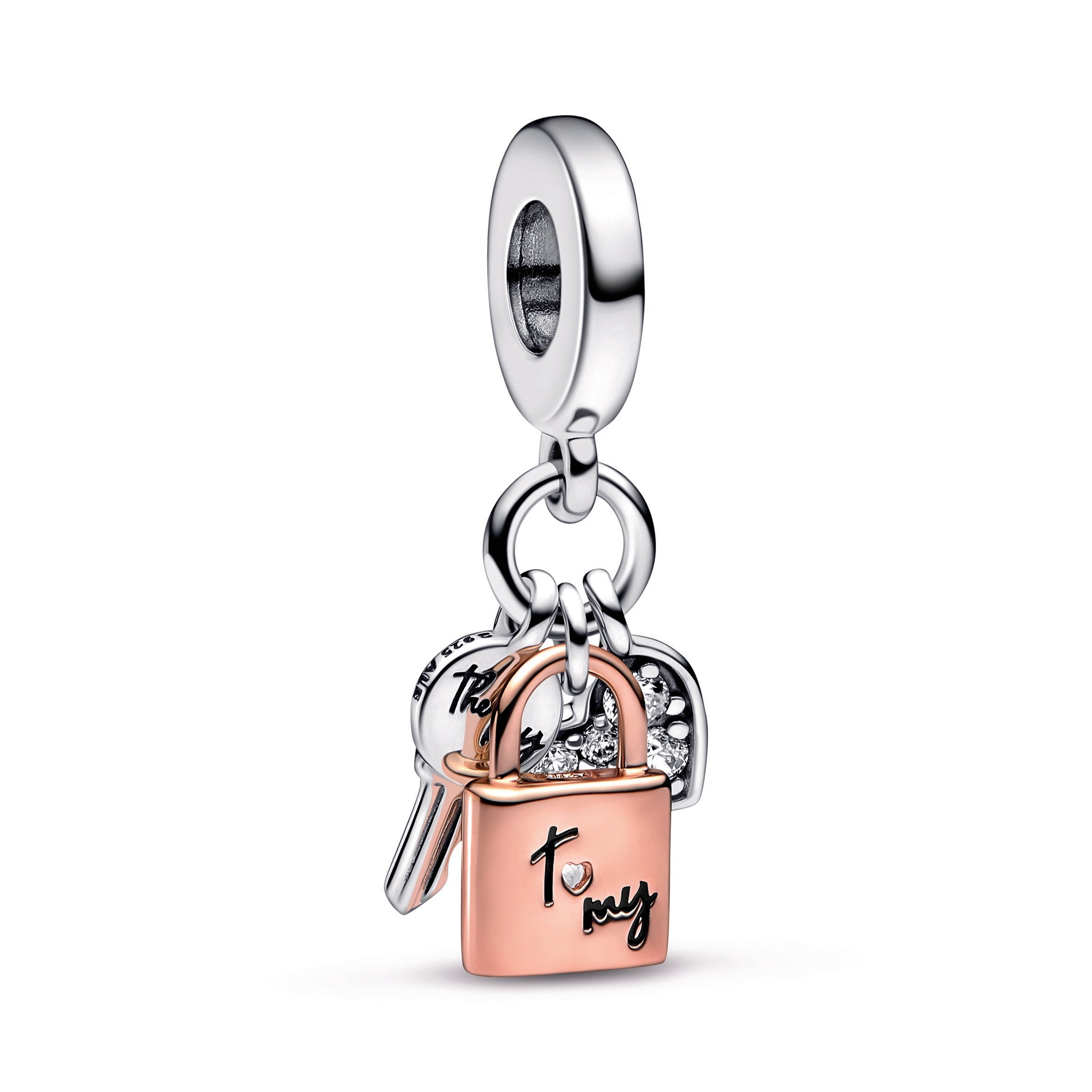 PANDORA Two-tone Key Padlock And Heart Triple Dangle Charm 14K Rose Gold Plated Unique Metal Blend Charms Bracelet Charm Jewelry Gift