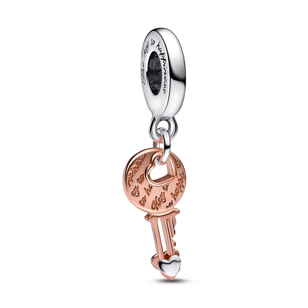 PANDORA Two-tone Key And Sliding Heart Dangle Charm 14K Rose Gold Plated Unique Metal Blend Charms Bracelet Charm Jewelry Gift