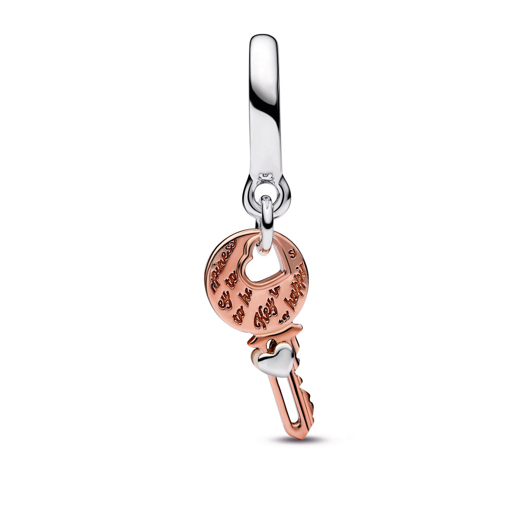 PANDORA Two-tone Key And Sliding Heart Dangle Charm 14K Rose Gold Plated Unique Metal Blend Charms Bracelet Charm Jewelry Gift