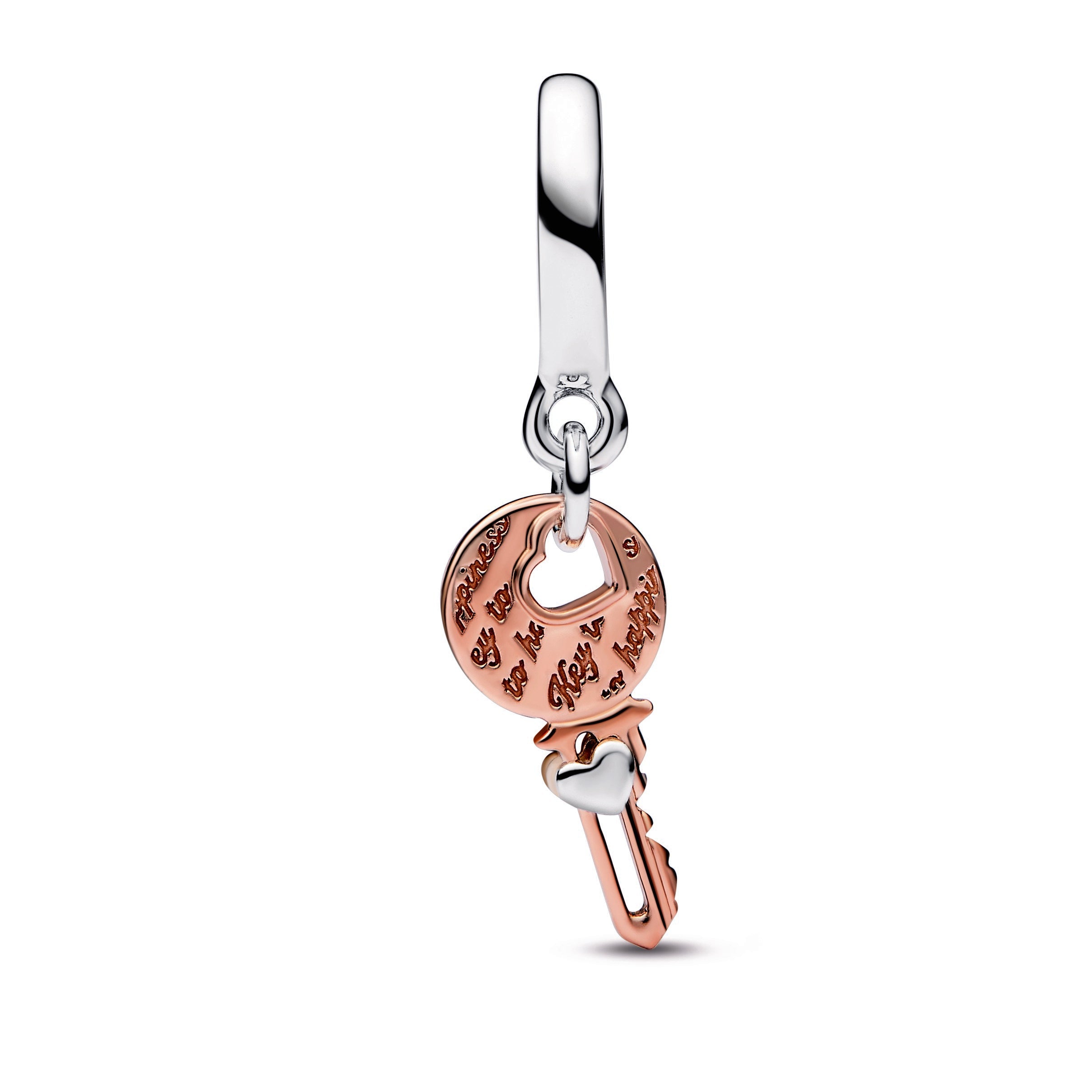 PANDORA Two-tone Key And Sliding Heart Dangle Charm 14K Rose Gold Plated Unique Metal Blend Charms Bracelet Charm Jewelry Gift