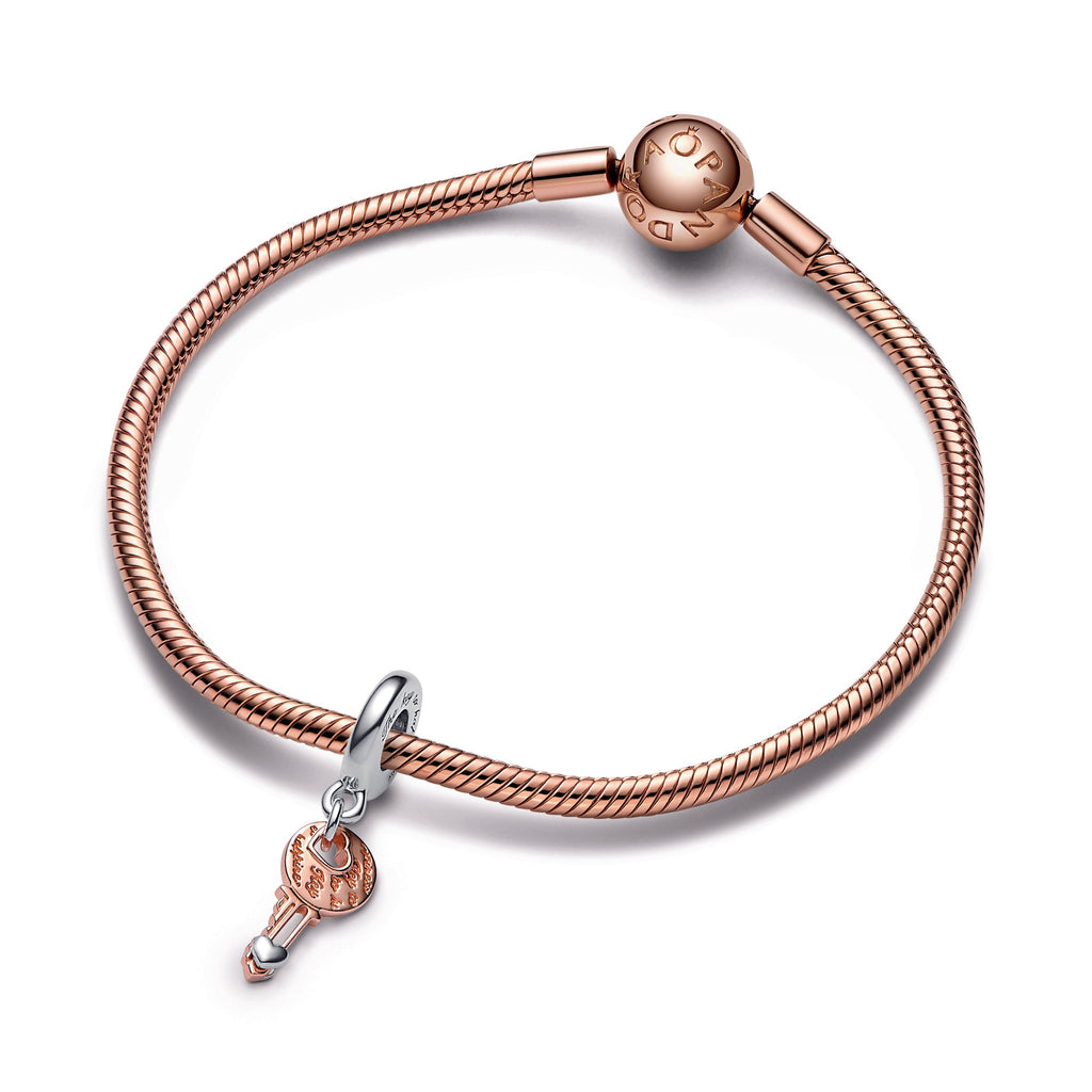 PANDORA Two-tone Key And Sliding Heart Dangle Charm 14K Rose Gold Plated Unique Metal Blend Charms Bracelet Charm Jewelry Gift