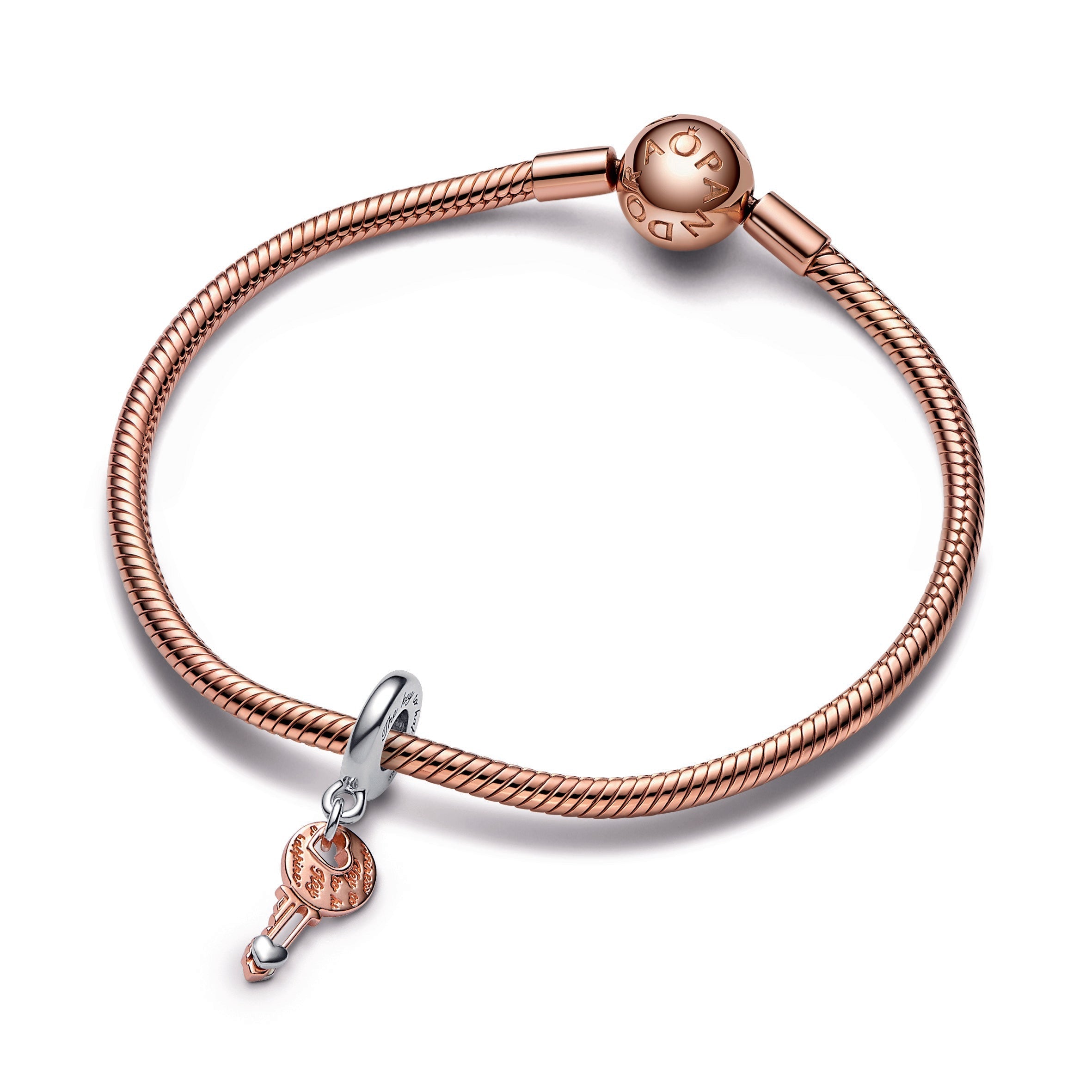 PANDORA Two-tone Key And Sliding Heart Dangle Charm 14K Rose Gold Plated Unique Metal Blend Charms Bracelet Charm Jewelry Gift