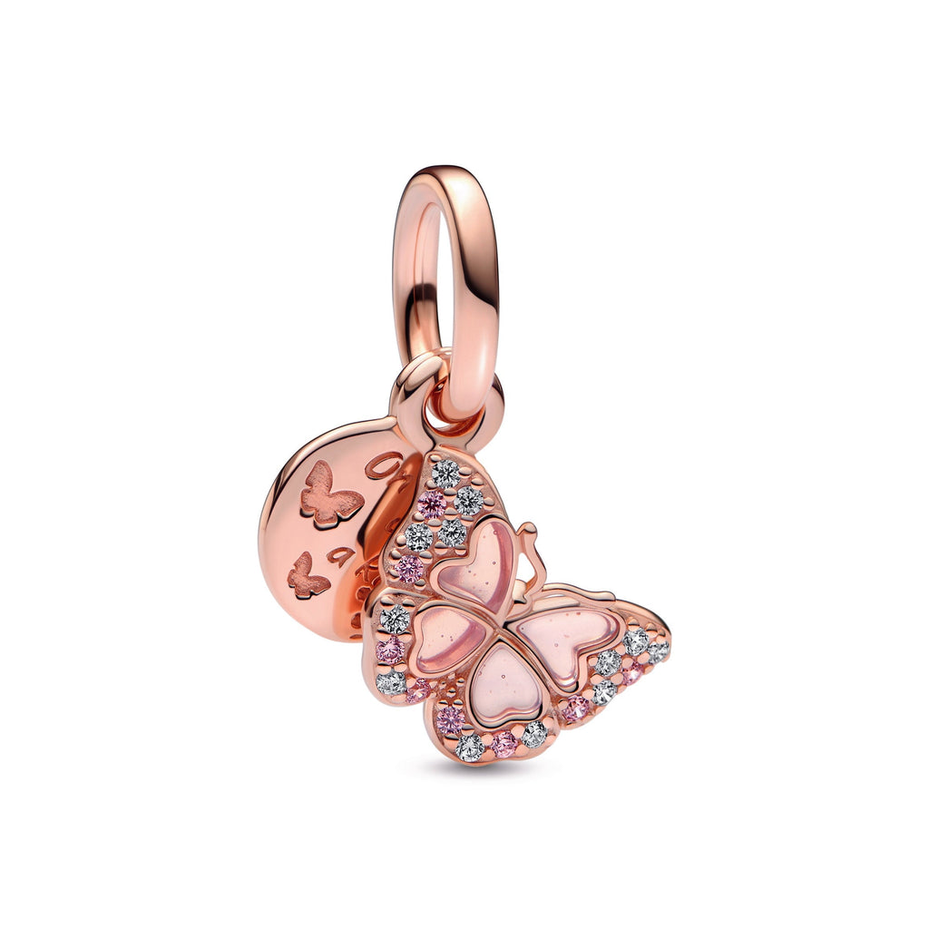 PANDORA Pink Butterfly And Quote Double Dangle Charm 14K Rose Gold Plated Unique Metal Blend Charms Bracelet Charm Jewelry Gift