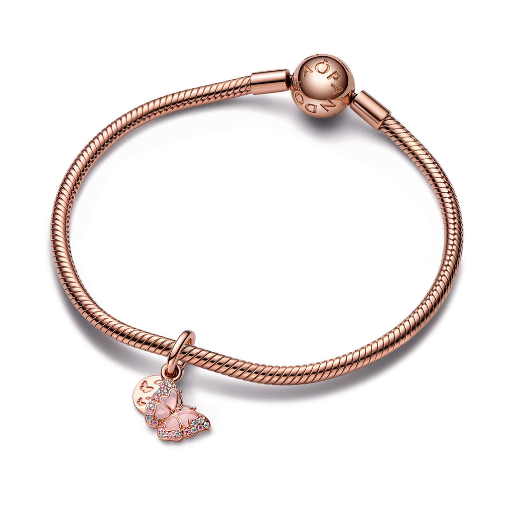 PANDORA Pink Butterfly And Quote Double Dangle Charm 14K Rose Gold Plated Unique Metal Blend Charms Bracelet Charm Jewelry Gift