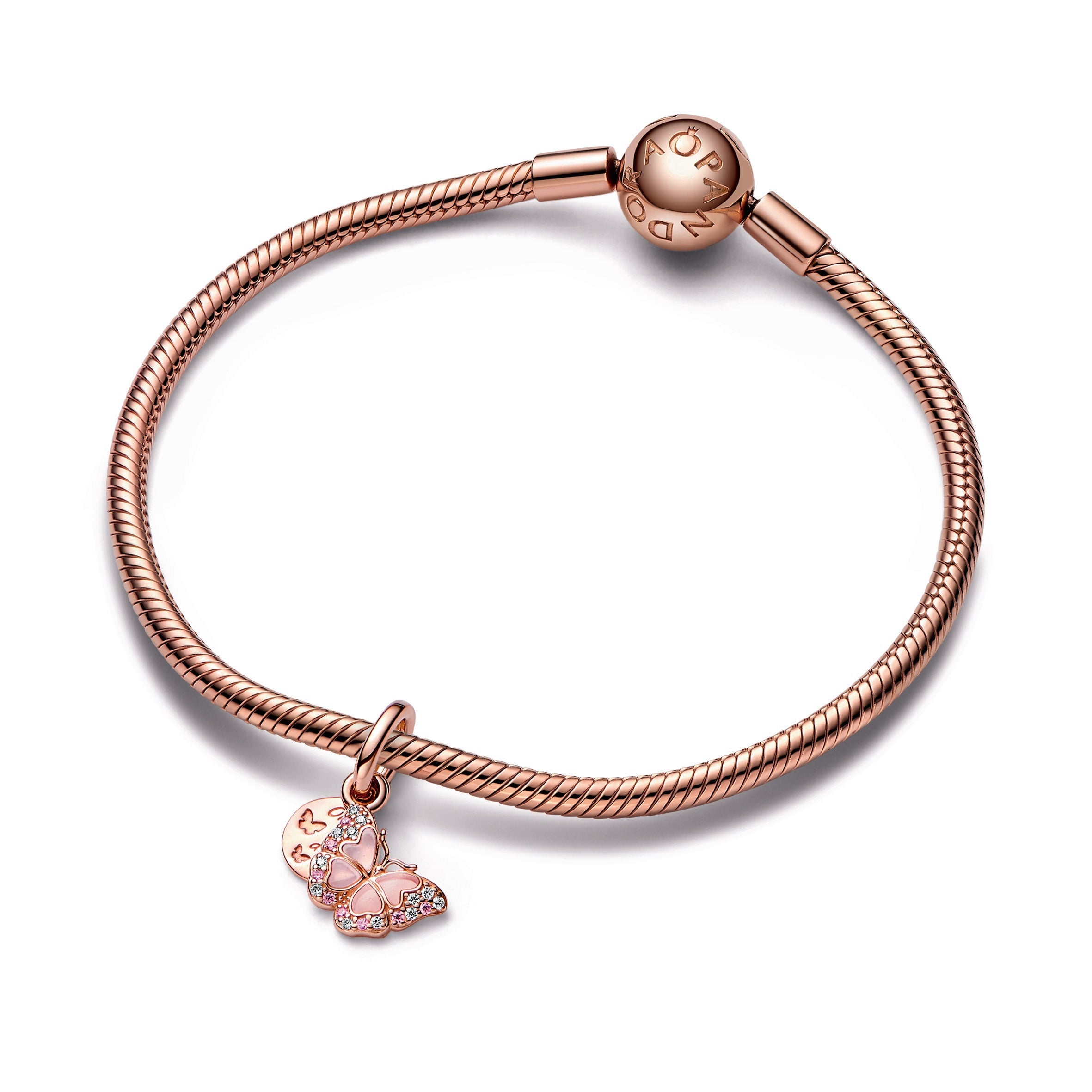 PANDORA Pink Butterfly And Quote Double Dangle Charm 14K Rose Gold Plated Unique Metal Blend Charms Bracelet Charm Jewelry Gift