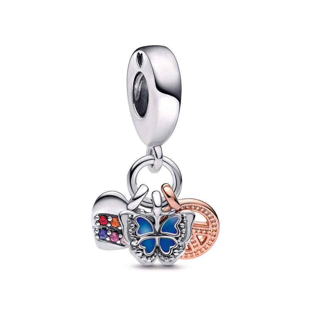 PANDORA Two-Tone Rainbow Heart Butterfly And Peace Triple Dangle Charm 14K Rose Gold Plated Unique Metal Blend Charms Bracelet Charm Jewelry Gift
