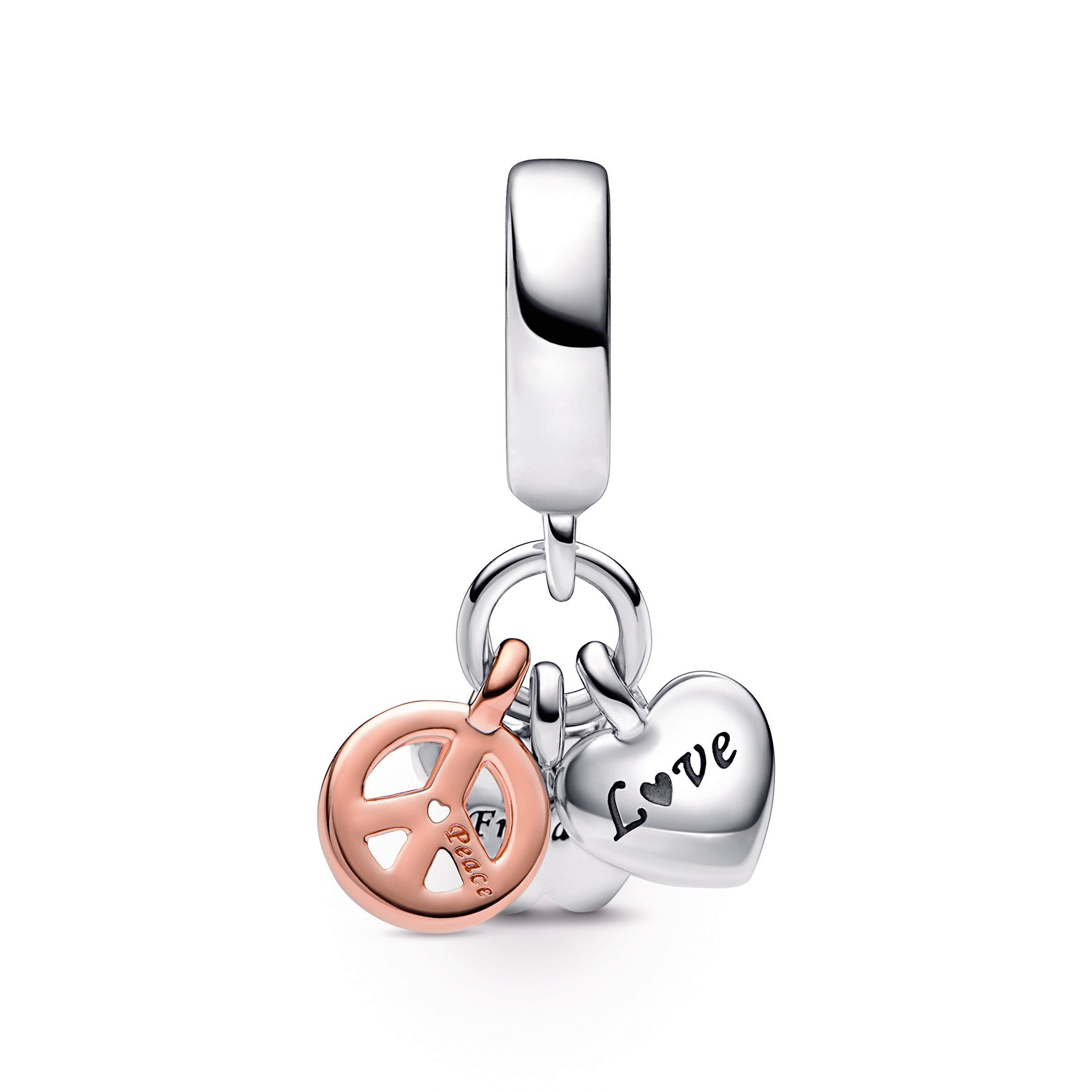 PANDORA Two-Tone Rainbow Heart Butterfly And Peace Triple Dangle Charm 14K Rose Gold Plated Unique Metal Blend Charms Bracelet Charm Jewelry Gift