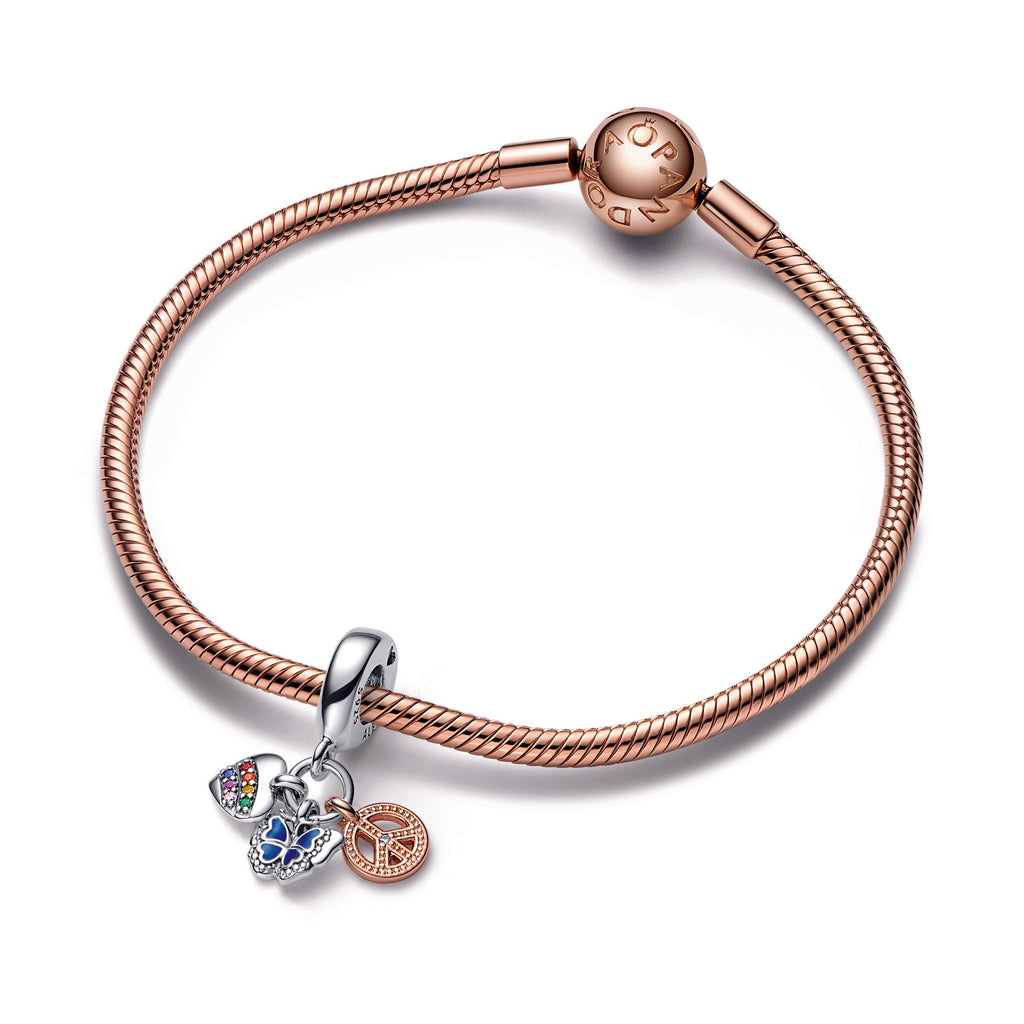 PANDORA Two-Tone Rainbow Heart Butterfly And Peace Triple Dangle Charm 14K Rose Gold Plated Unique Metal Blend Charms Bracelet Charm Jewelry Gift