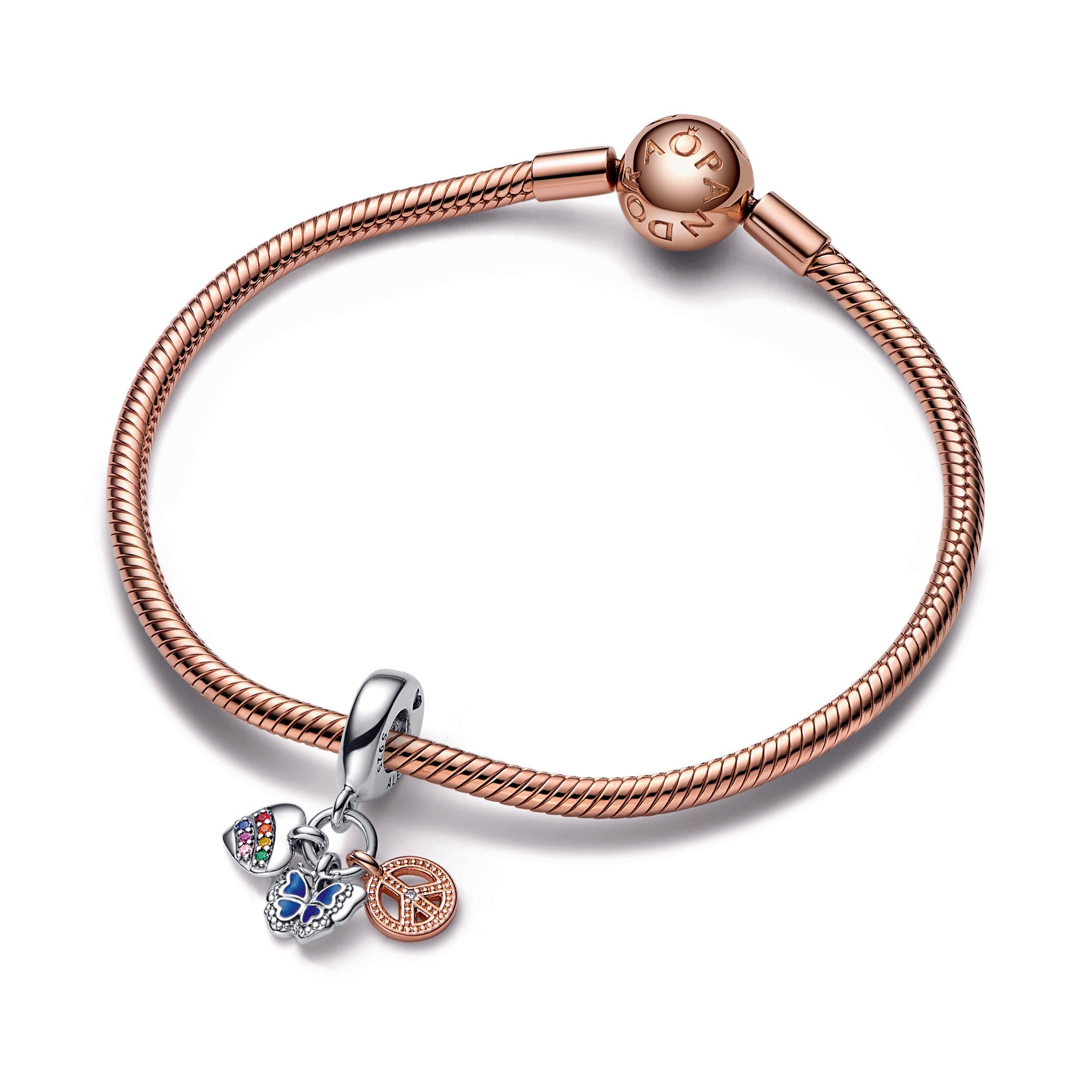 PANDORA Two-Tone Rainbow Heart Butterfly And Peace Triple Dangle Charm 14K Rose Gold Plated Unique Metal Blend Charms Bracelet Charm Jewelry Gift