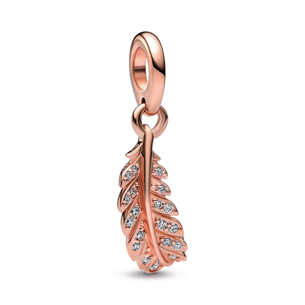 PANDORA Floating Curved Feather Dangle Charm 14K Rose Gold Plated Unique Metal Blend Charms Bracelet Charm Jewelry Gift
