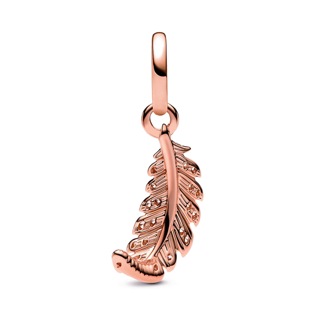 PANDORA Floating Curved Feather Dangle Charm 14K Rose Gold Plated Unique Metal Blend Charms Bracelet Charm Jewelry Gift