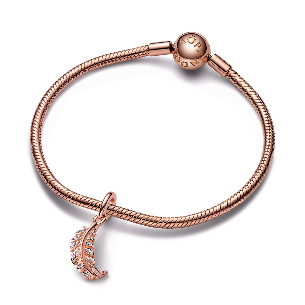 PANDORA Floating Curved Feather Dangle Charm 14K Rose Gold Plated Unique Metal Blend Charms Bracelet Charm Jewelry Gift