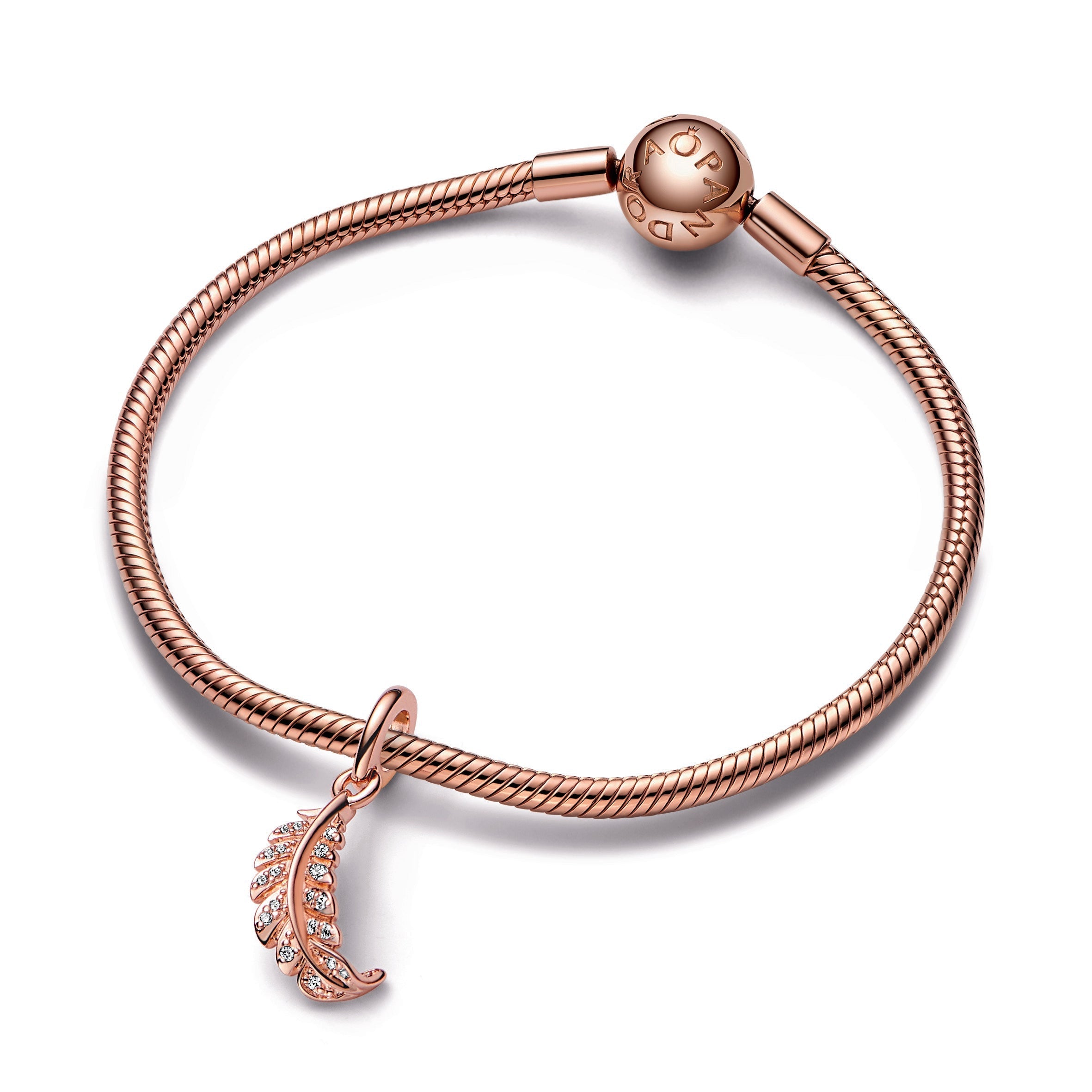 PANDORA Floating Curved Feather Dangle Charm 14K Rose Gold Plated Unique Metal Blend Charms Bracelet Charm Jewelry Gift