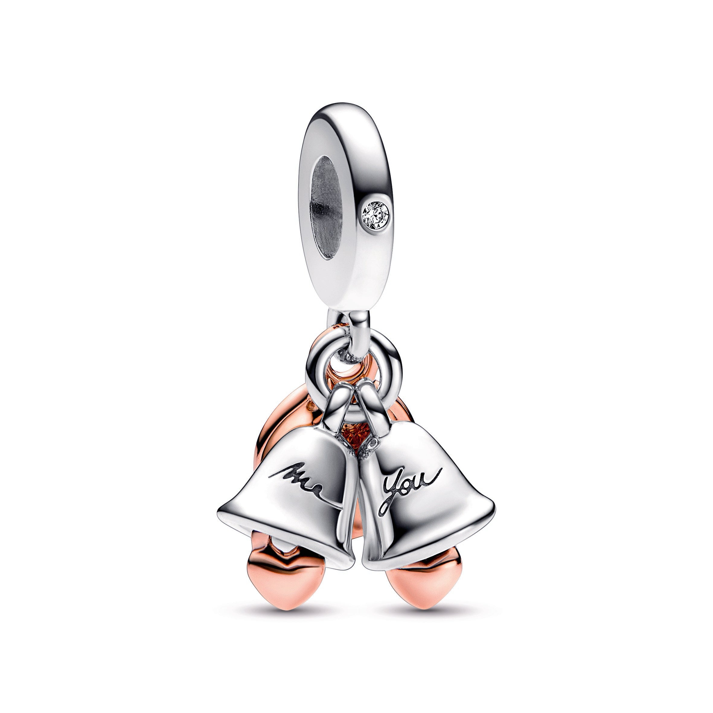 PANDORA Two-tone Wedding Bells Double Dangle Charm 14K Rose Gold Plated Unique Metal Blend Pink Charms Bracelet Charm Jewelry Gift