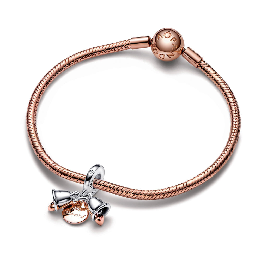 PANDORA Two-tone Wedding Bells Double Dangle Charm 14K Rose Gold Plated Unique Metal Blend Pink Charms Bracelet Charm Jewelry Gift