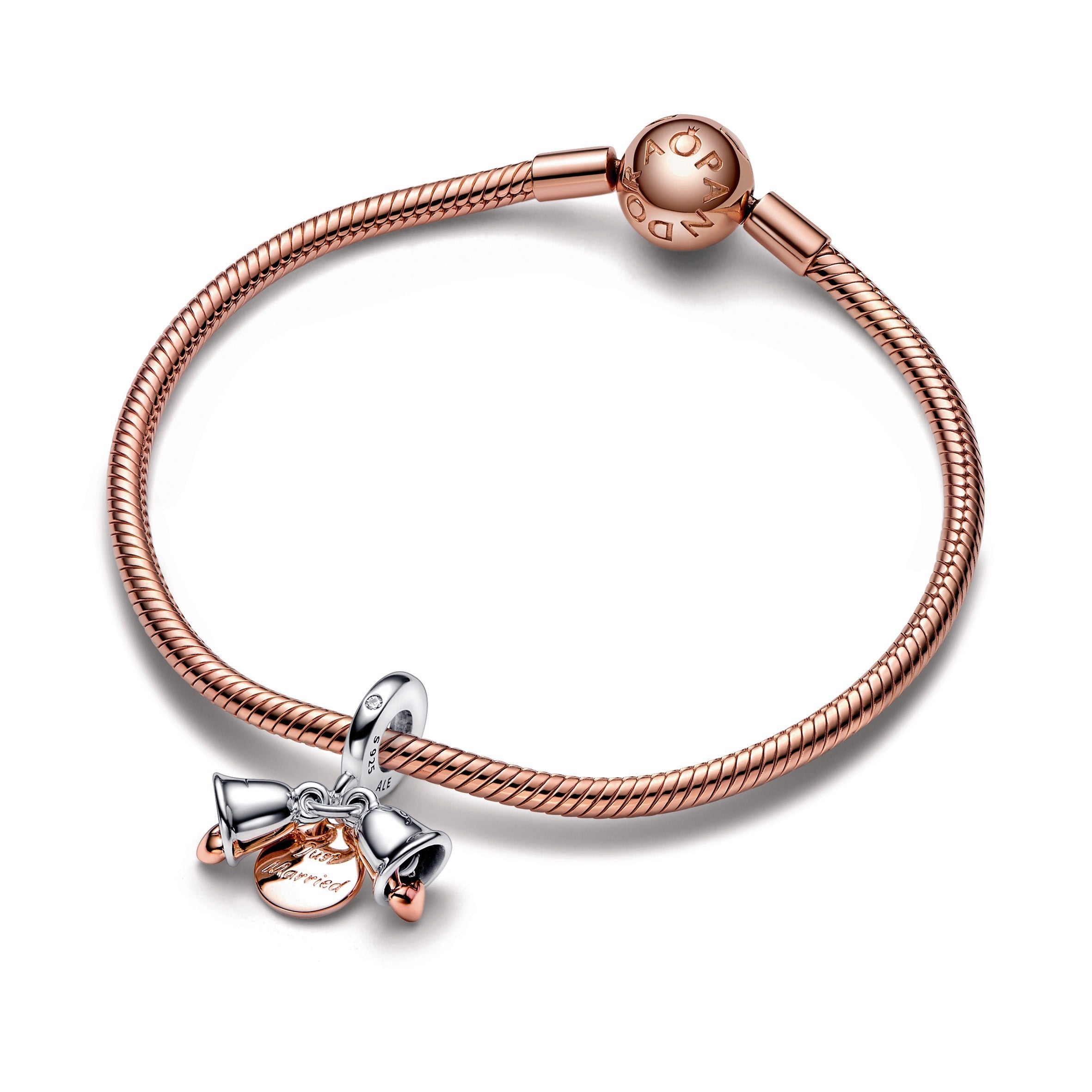 PANDORA Two-tone Wedding Bells Double Dangle Charm 14K Rose Gold Plated Unique Metal Blend Pink Charms Bracelet Charm Jewelry Gift