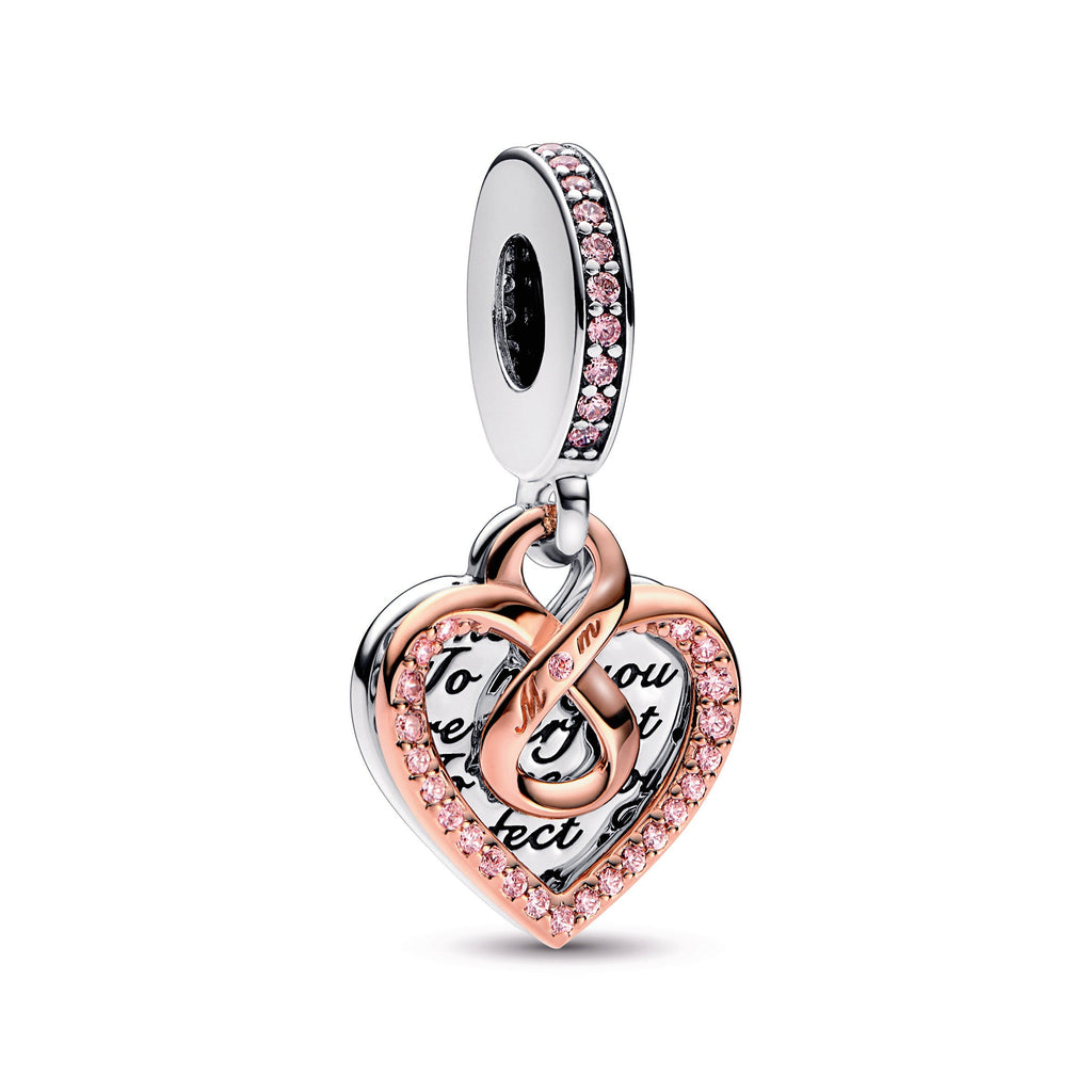 PANDORA Two-tone Infinity Heart Double Dangle Charm 14K Rose Gold Plated Unique Metal Blend Mothers Day Charms Bracelet Charm Jewelry Gift
