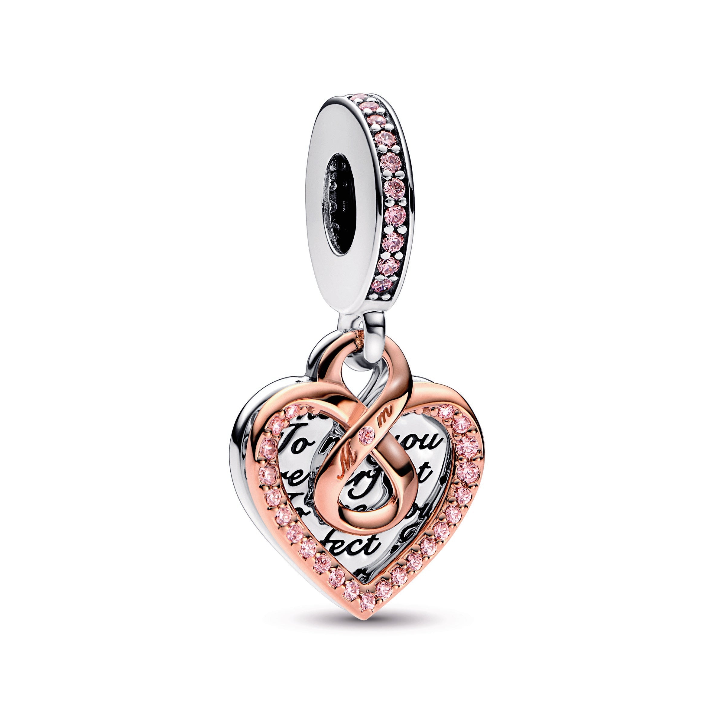 PANDORA Two-tone Infinity Heart Double Dangle Charm 14K Rose Gold Plated Unique Metal Blend Mothers Day Charms Bracelet Charm Jewelry Gift