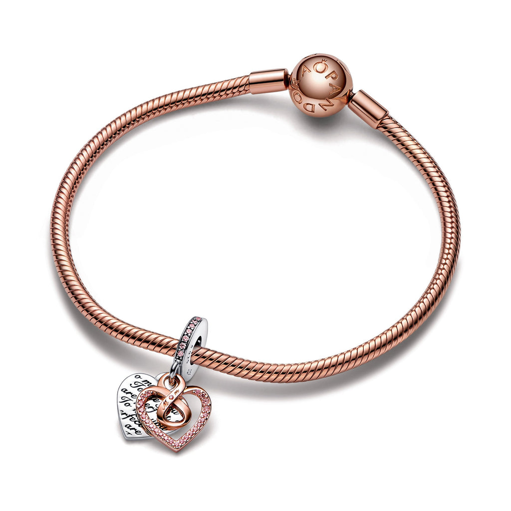PANDORA Two-tone Infinity Heart Double Dangle Charm 14K Rose Gold Plated Unique Metal Blend Mothers Day Charms Bracelet Charm Jewelry Gift