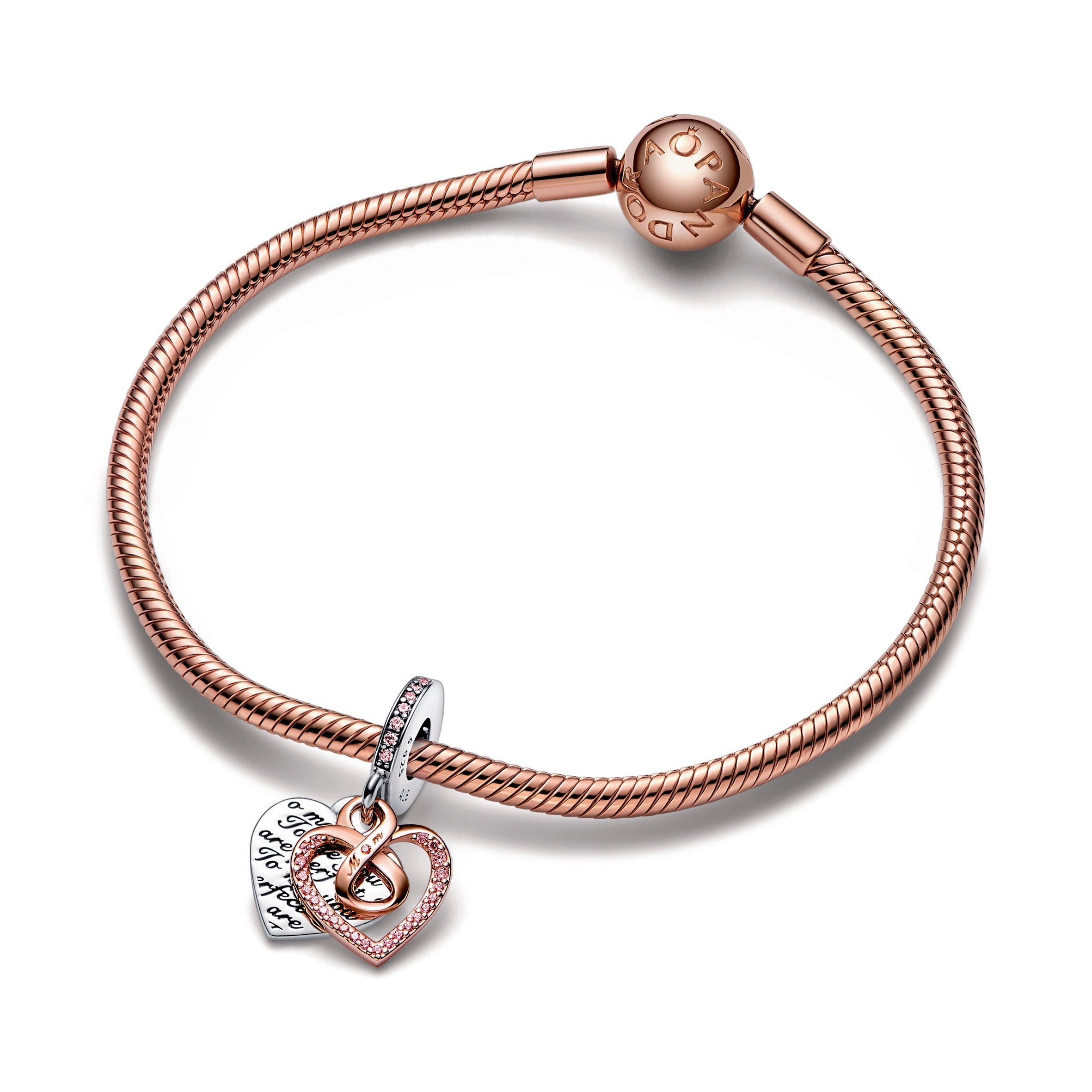 PANDORA Two-tone Infinity Heart Double Dangle Charm 14K Rose Gold Plated Unique Metal Blend Mothers Day Charms Bracelet Charm Jewelry Gift