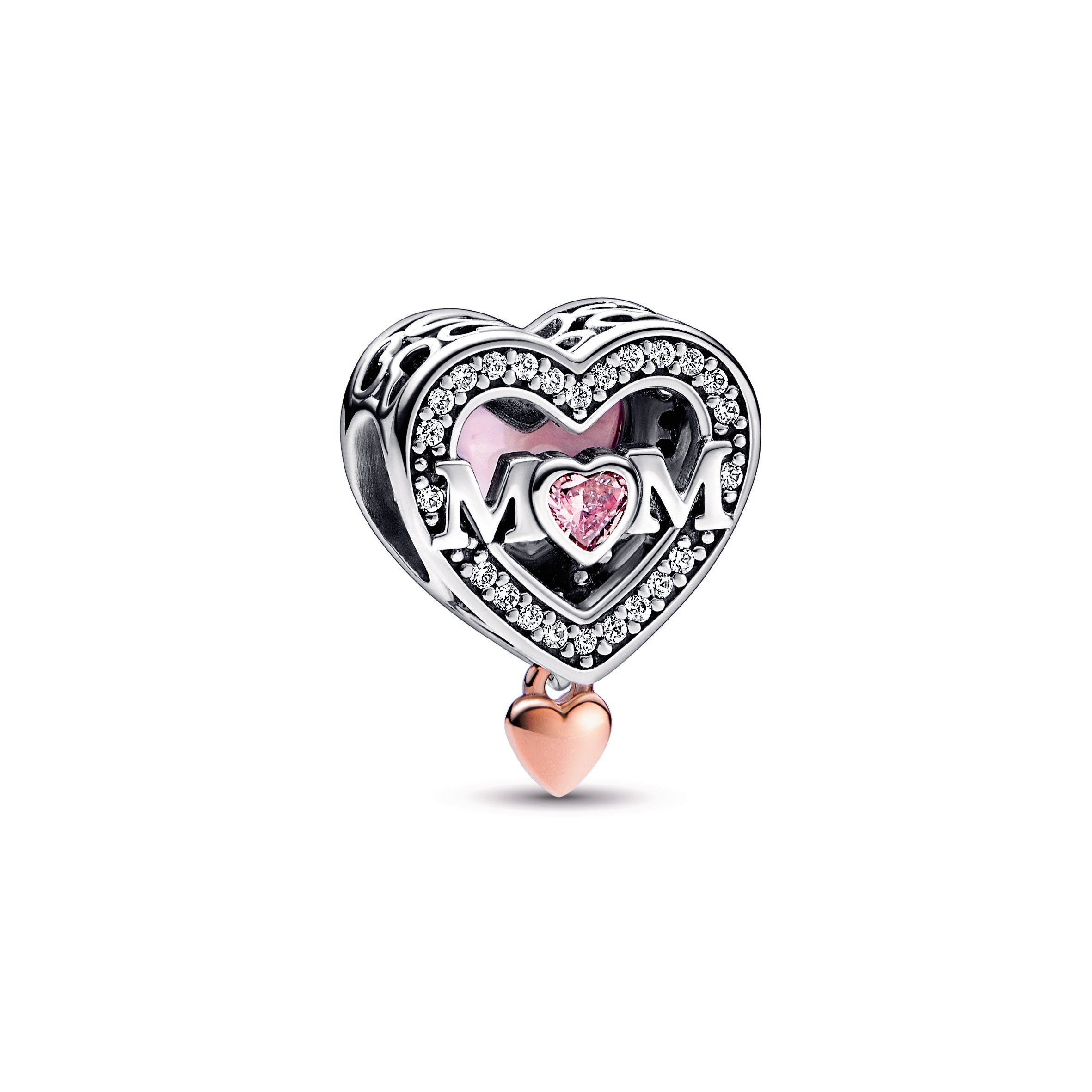 PANDORA Two-tone Openwork Mum And Heart Charm 14K Rose Gold Plated Unique Metal Blend Mothers Day Charms Bracelet Charm Jewelry Gift