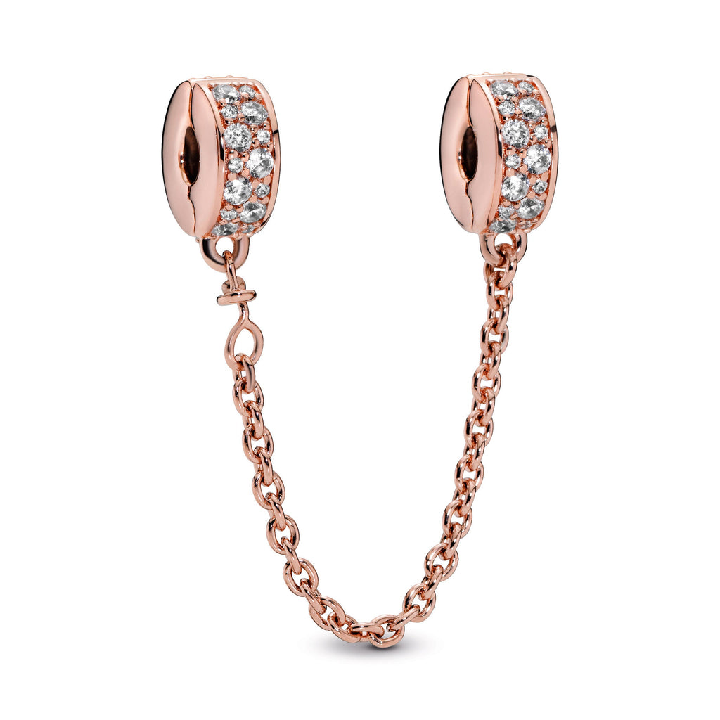 PANDORA Clear Pavé Safety Chain Clip Charm 14K Rose Gold Plated Unique Metal Blend Charms Bracelet Charm Jewelry Gift