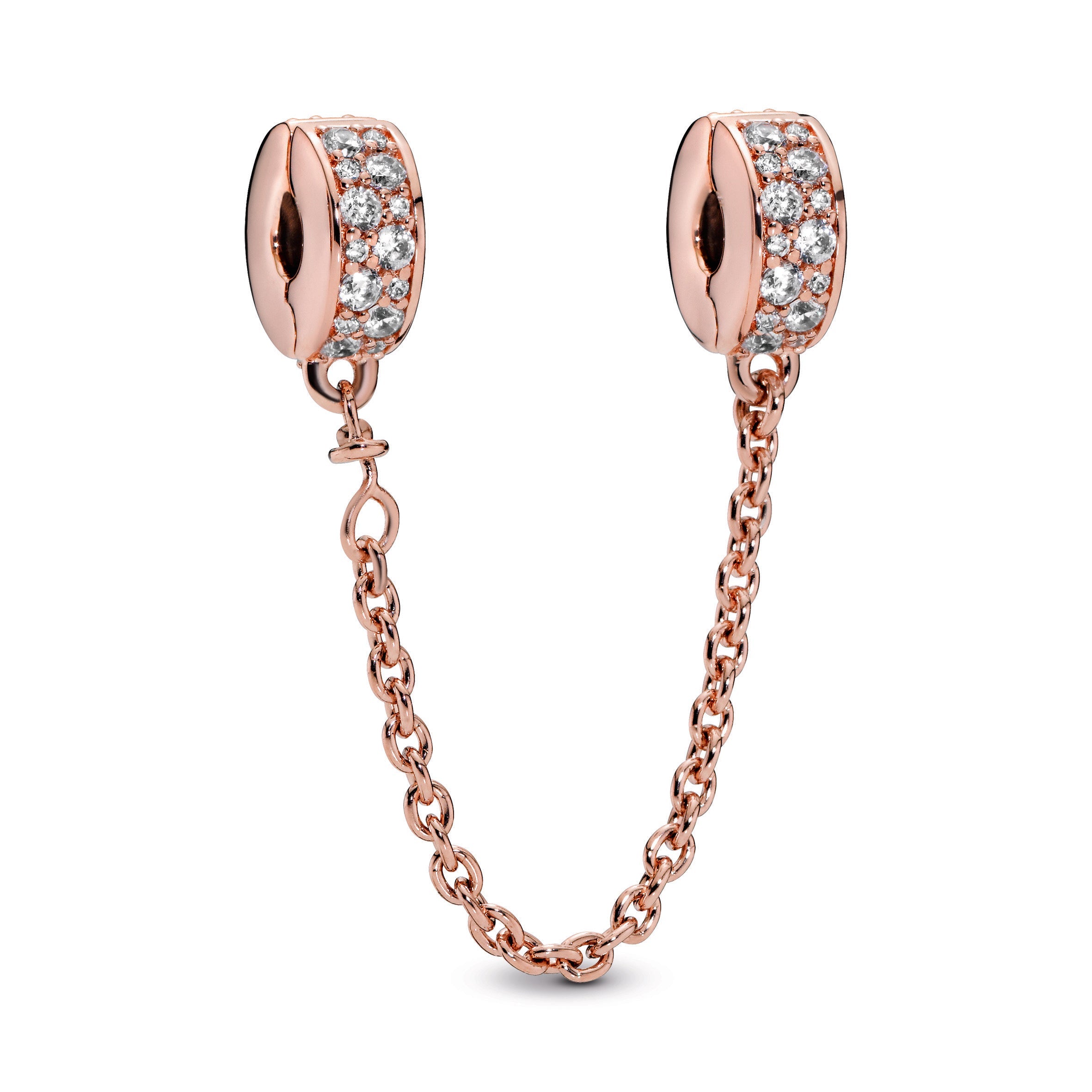 PANDORA Clear Pavé Safety Chain Clip Charm 14K Rose Gold Plated Unique Metal Blend Charms Bracelet Charm Jewelry Gift