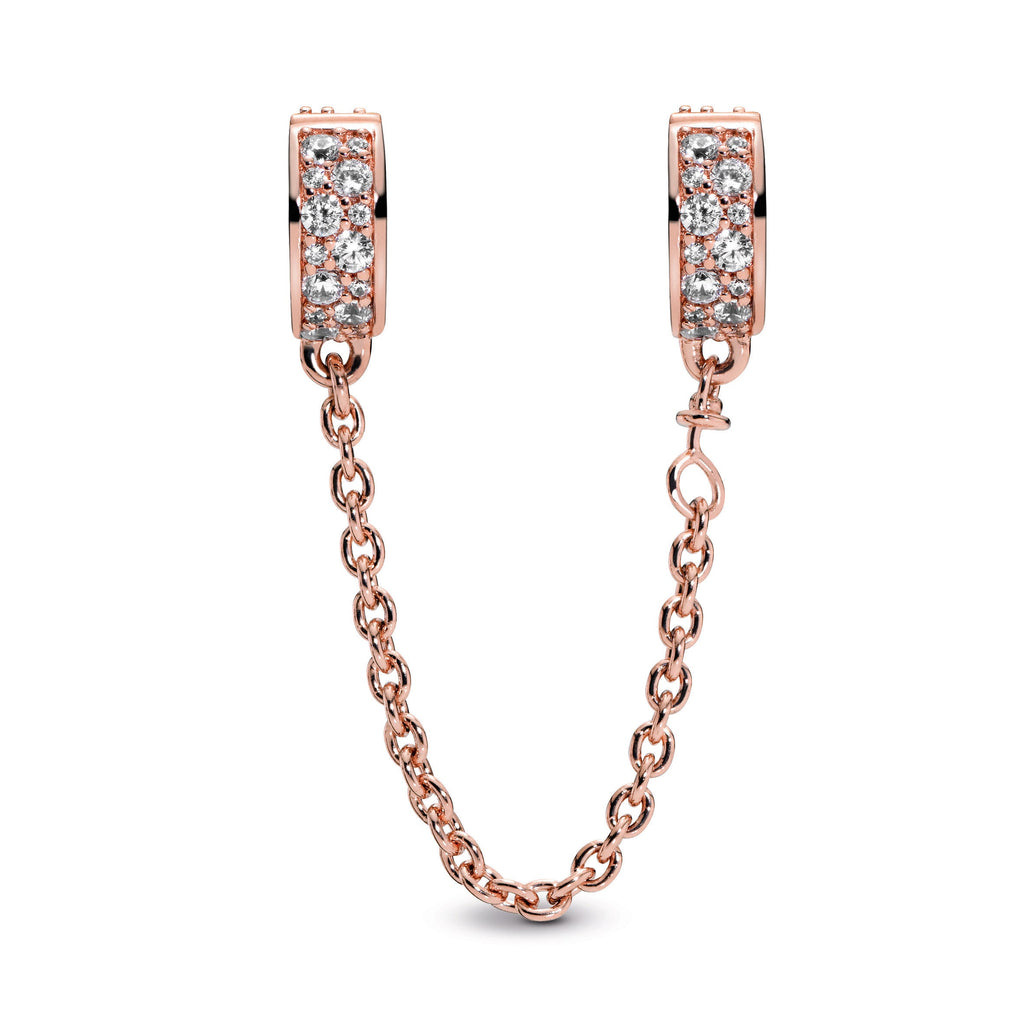 PANDORA Clear Pavé Safety Chain Clip Charm 14K Rose Gold Plated Unique Metal Blend Charms Bracelet Charm Jewelry Gift