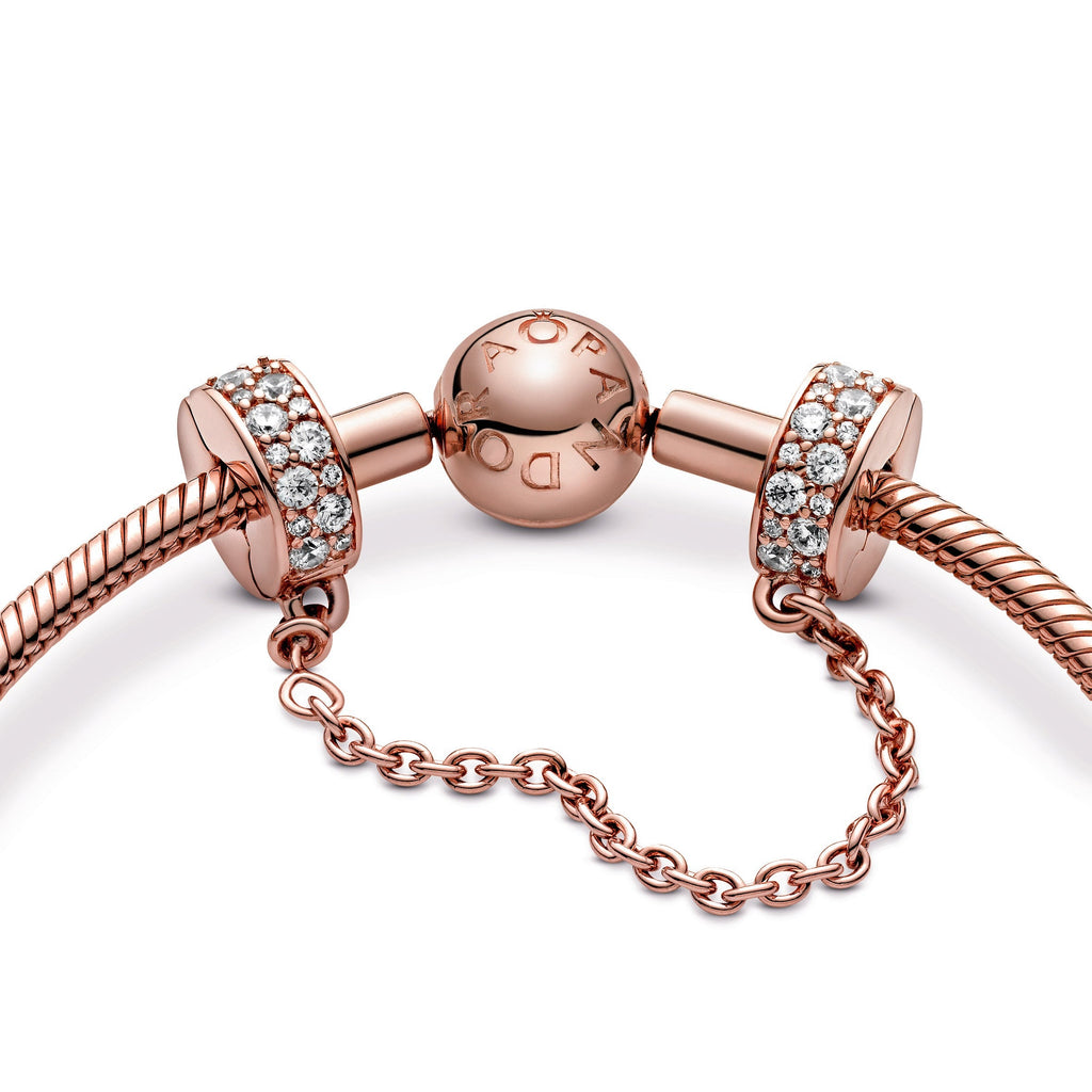 PANDORA Clear Pavé Safety Chain Clip Charm 14K Rose Gold Plated Unique Metal Blend Charms Bracelet Charm Jewelry Gift