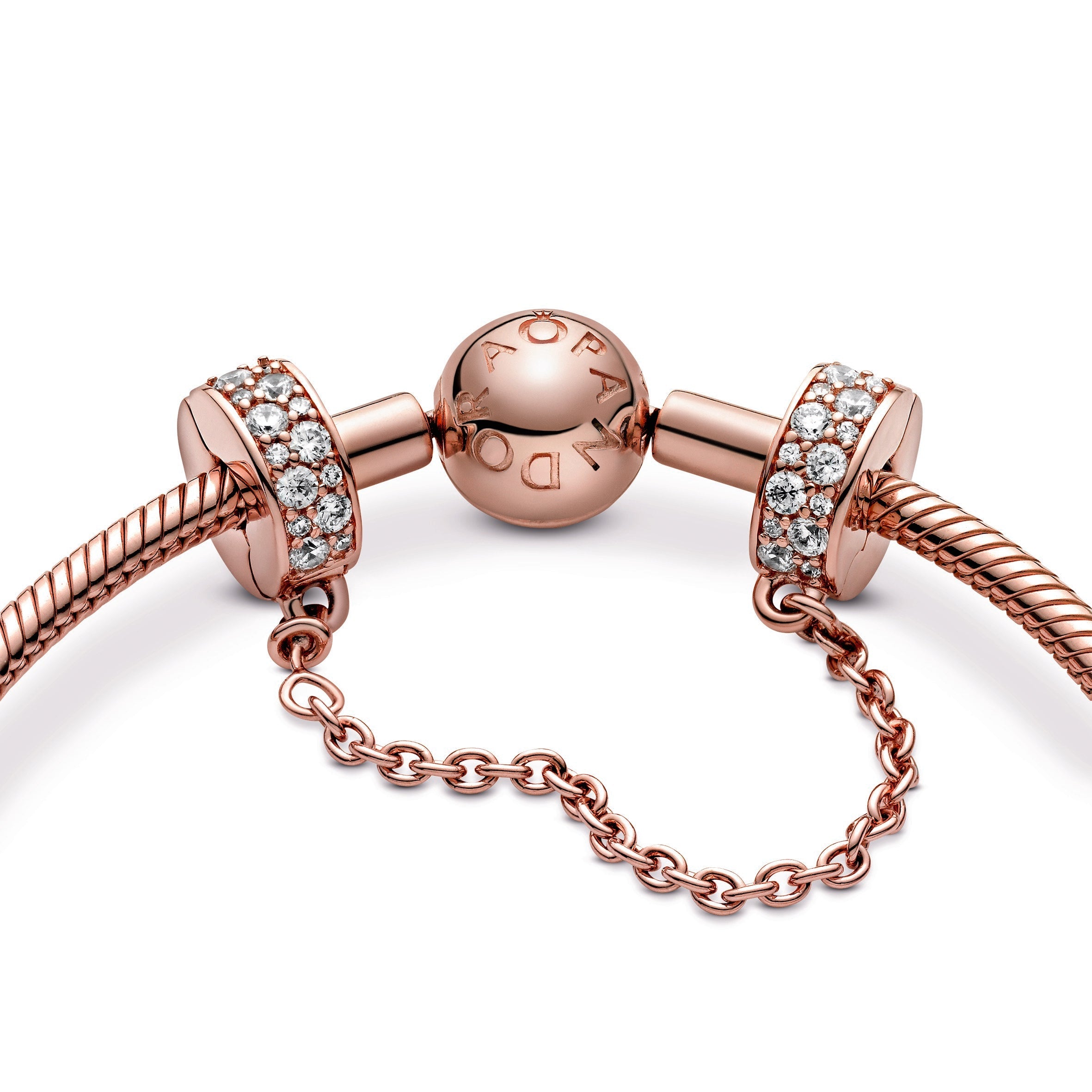 PANDORA Clear Pavé Safety Chain Clip Charm 14K Rose Gold Plated Unique Metal Blend Charms Bracelet Charm Jewelry Gift