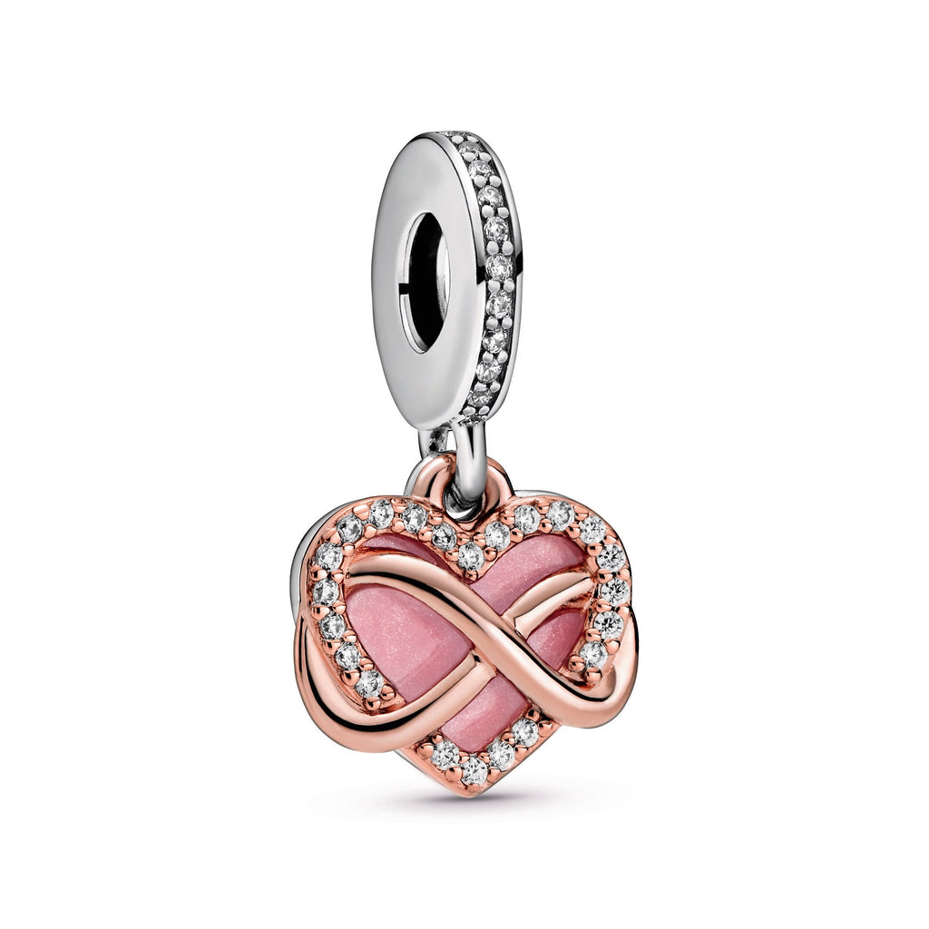PANDORA Sparkling Infinity Heart Dangle Charm 14K Rose Gold Plated Unique Metal Blend Pink Occasions Charms Bracelet Charm Jewelry Gift