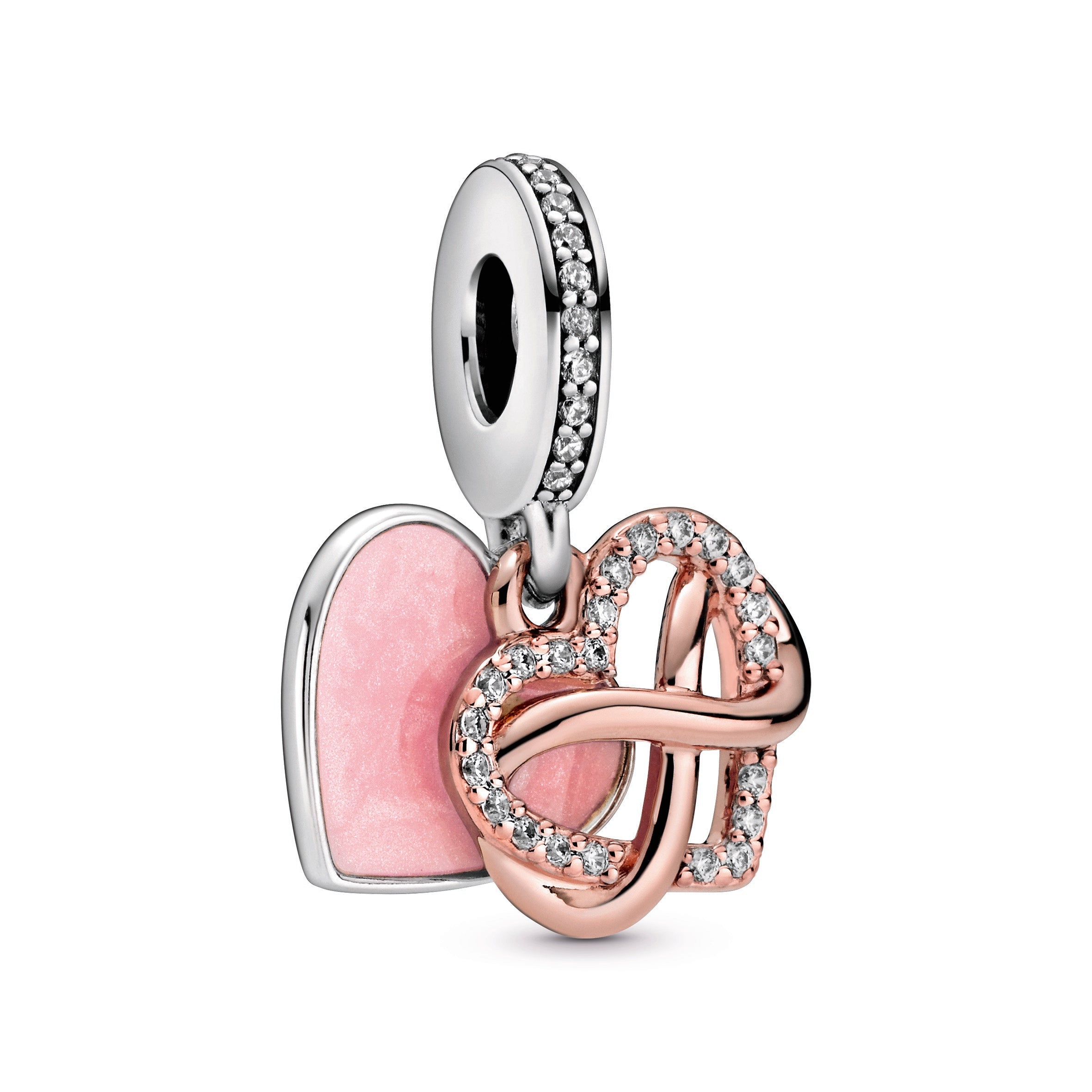 PANDORA Sparkling Infinity Heart Dangle Charm 14K Rose Gold Plated Unique Metal Blend Pink Occasions Charms Bracelet Charm Jewelry Gift
