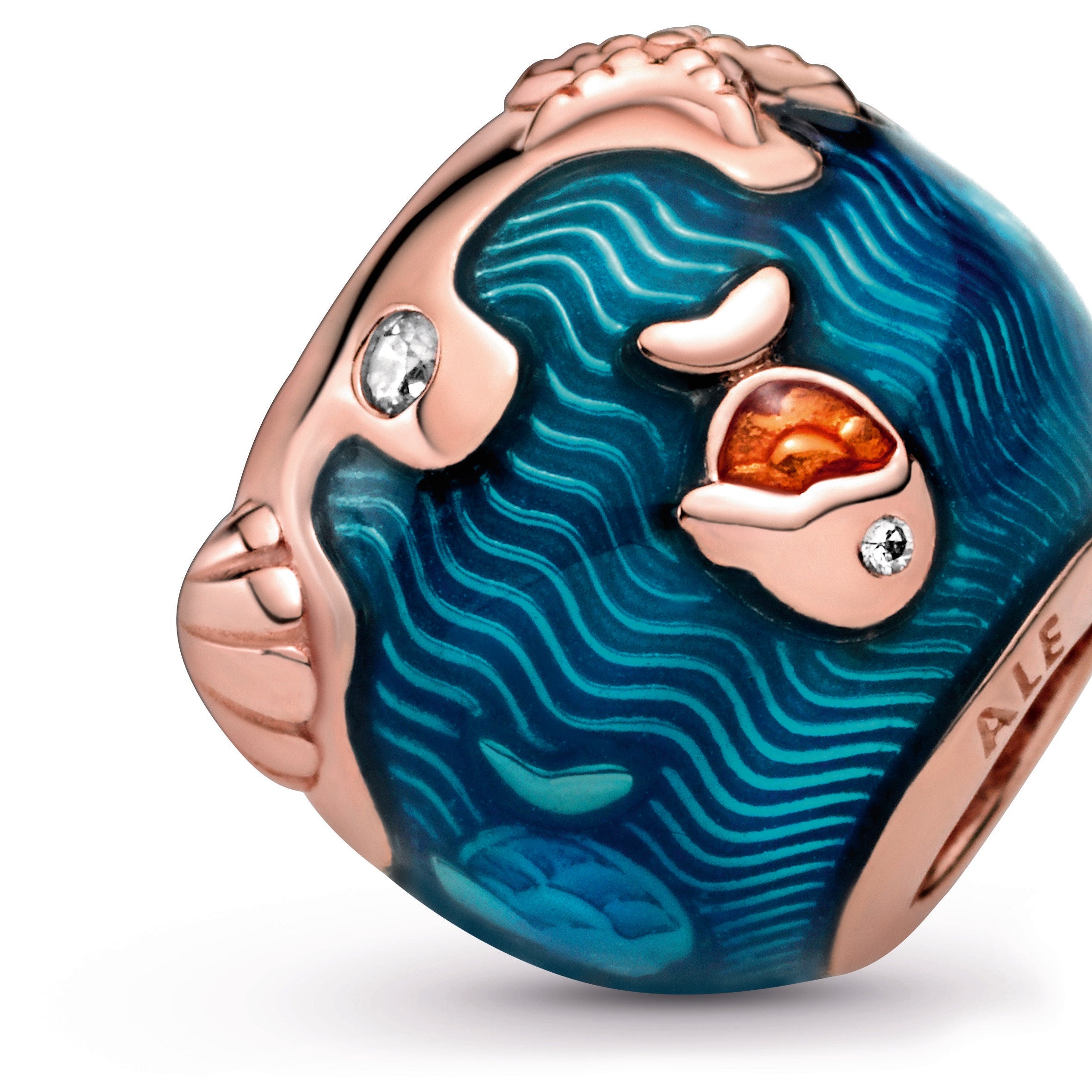 PANDORA Shimmering Ocean Waves And Fish Charm 14K Rose Gold Plated Unique Metal Blend Blue Animals Charms Bracelet Charm Jewelry Gift