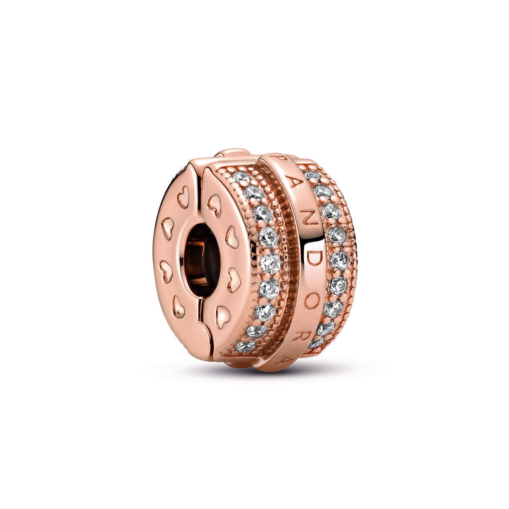 PANDORA Sparkling Pavé Lines And Logo Clip 14K Rose Gold Plated Unique Metal Blend Charms Bracelet Charm Jewelry Gift