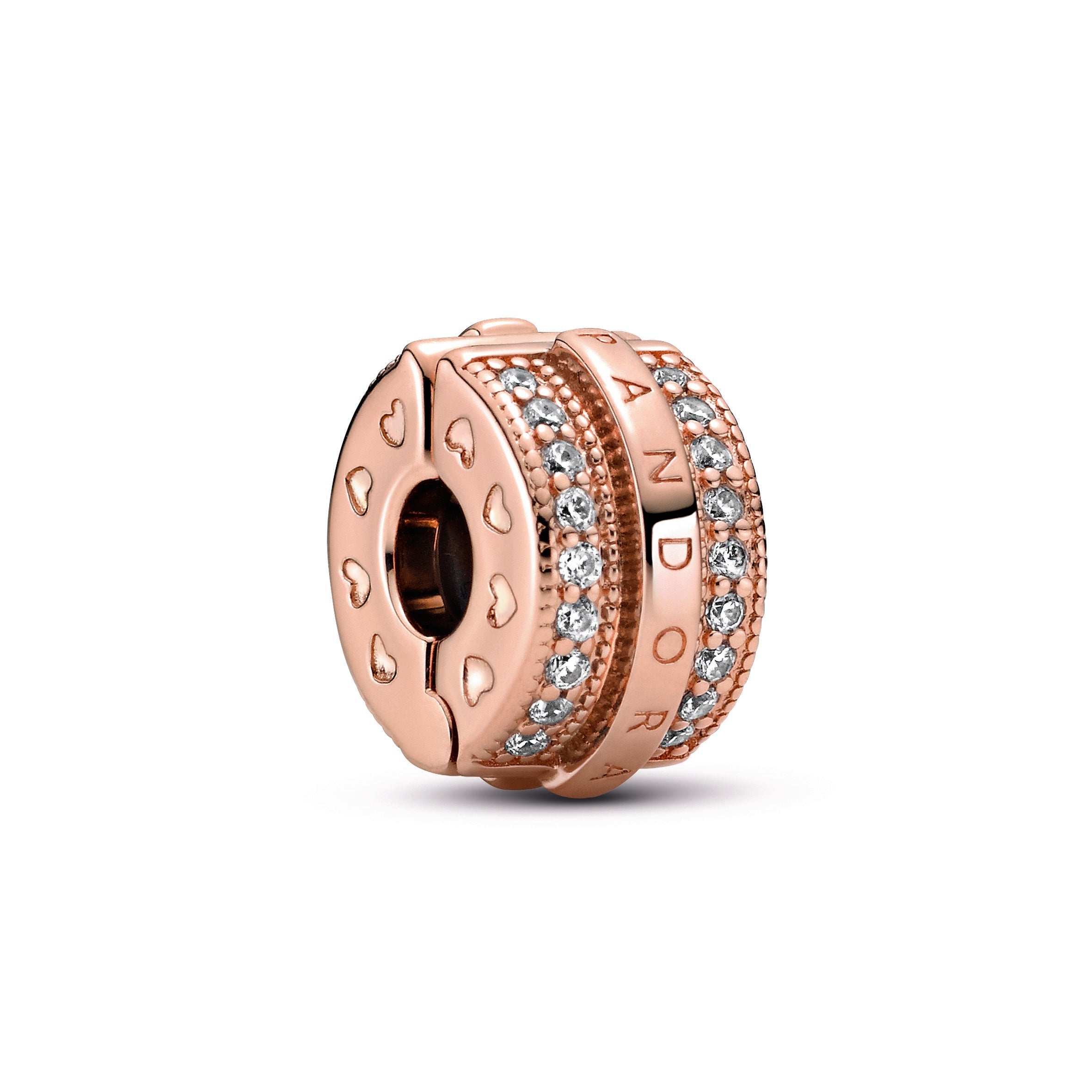 PANDORA Sparkling Pavé Lines And Logo Clip 14K Rose Gold Plated Unique Metal Blend Charms Bracelet Charm Jewelry Gift