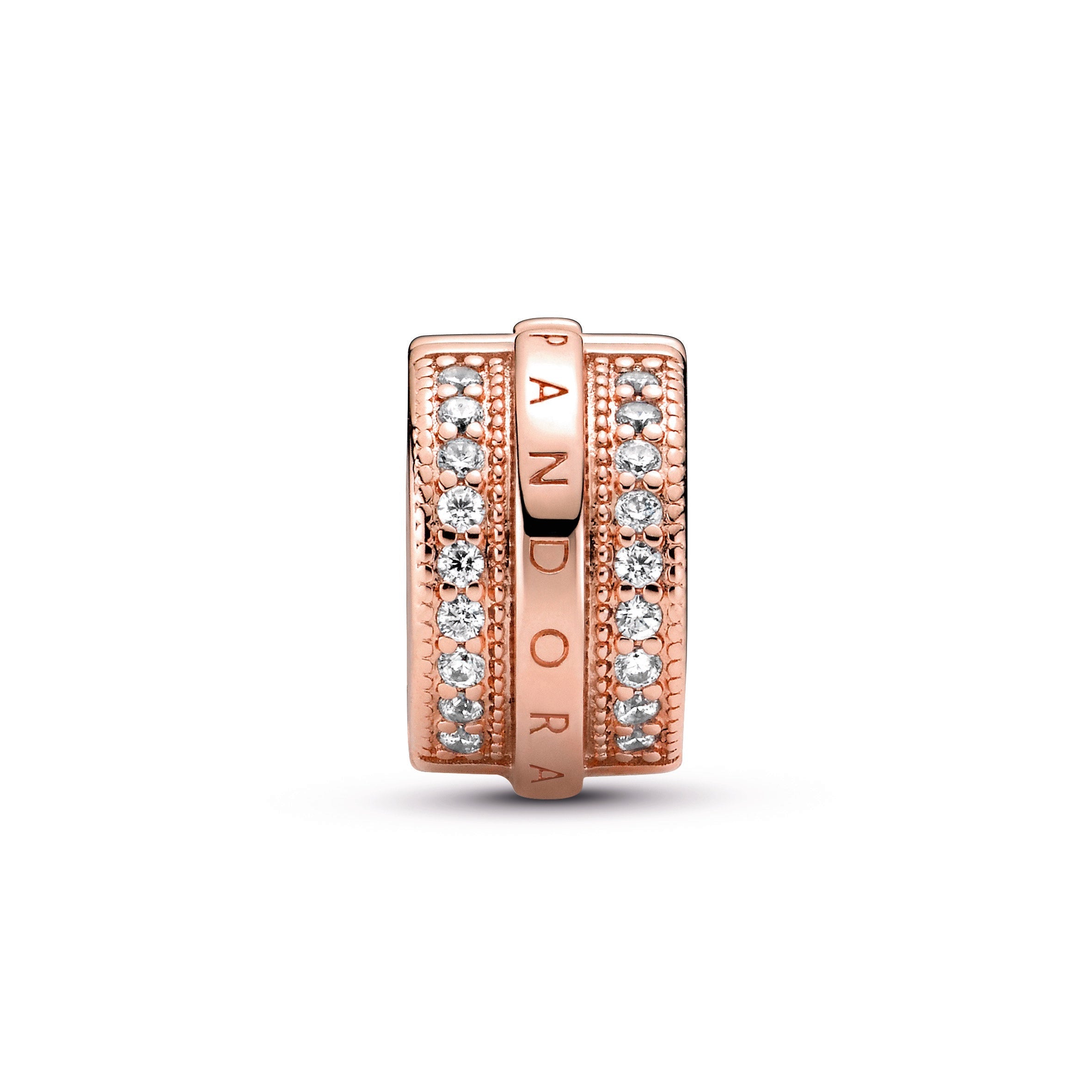 PANDORA Sparkling Pavé Lines And Logo Clip 14K Rose Gold Plated Unique Metal Blend Charms Bracelet Charm Jewelry Gift