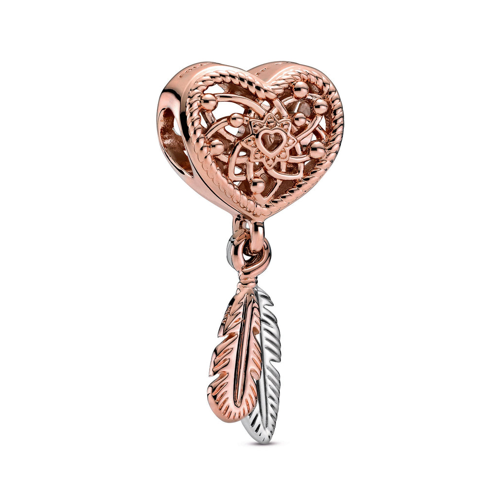PANDORA Openwork Heart And Two Feathers Dreamcatcher Charm 14K Rose Gold Plated Unique Metal Blend Charms Bracelet Charm Jewelry Gift