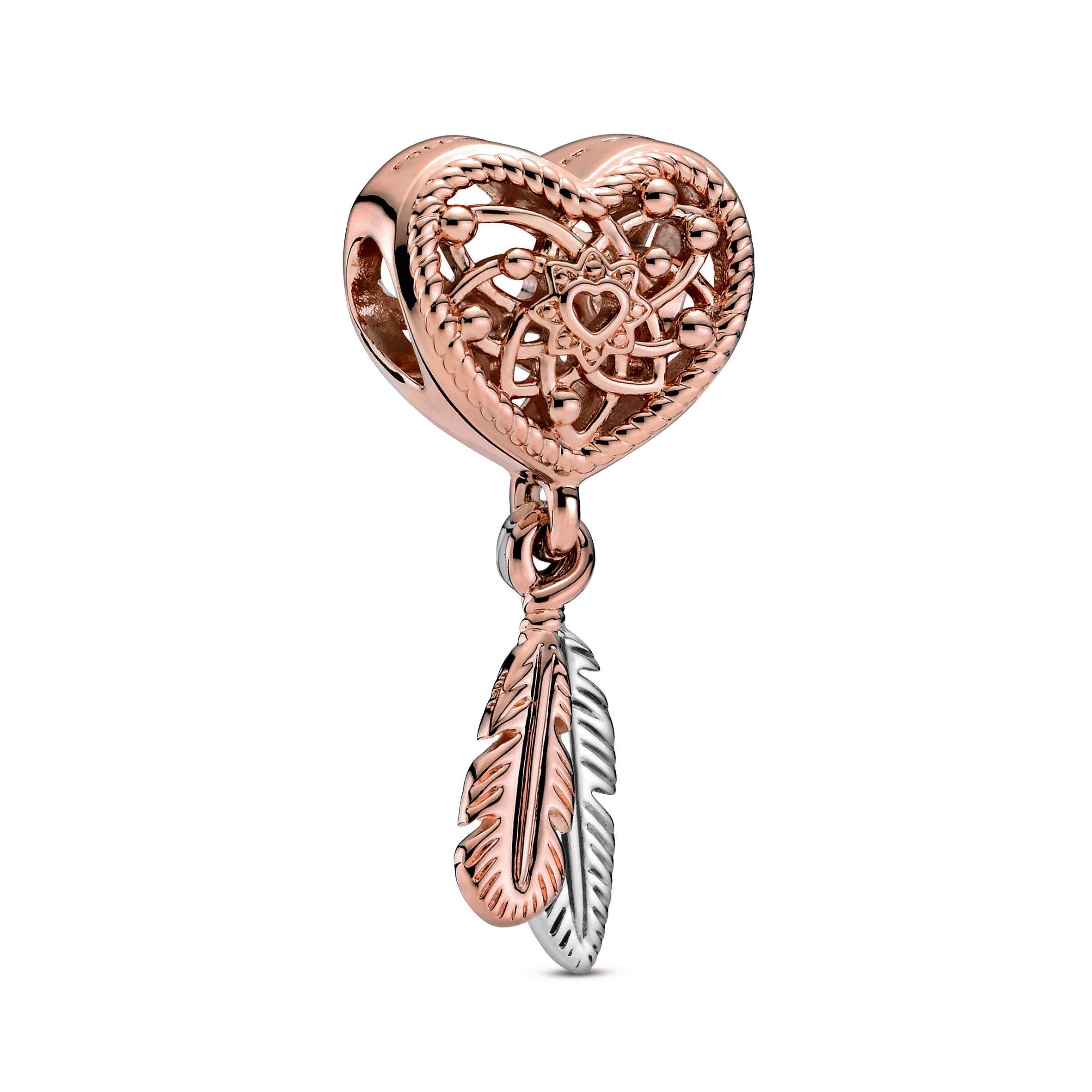 PANDORA Openwork Heart And Two Feathers Dreamcatcher Charm 14K Rose Gold Plated Unique Metal Blend Charms Bracelet Charm Jewelry Gift