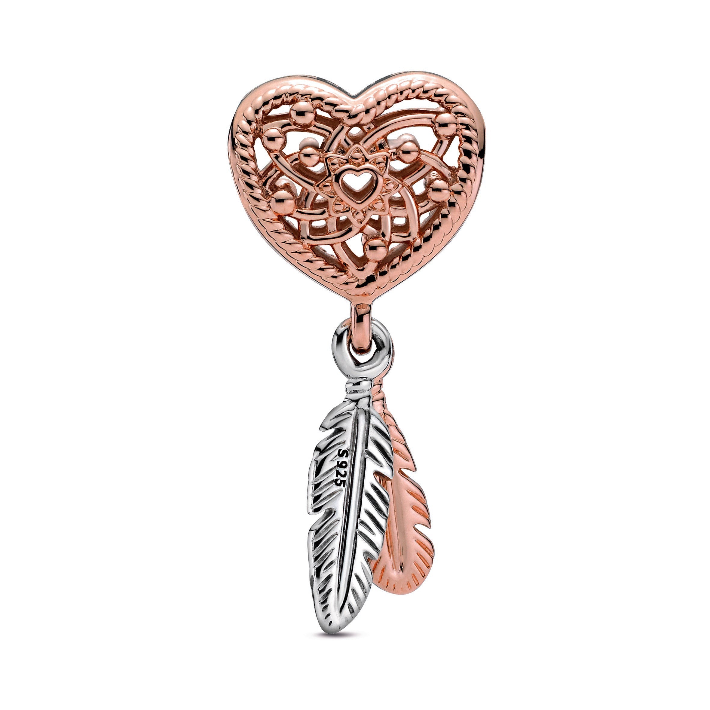 PANDORA Openwork Heart And Two Feathers Dreamcatcher Charm 14K Rose Gold Plated Unique Metal Blend Charms Bracelet Charm Jewelry Gift
