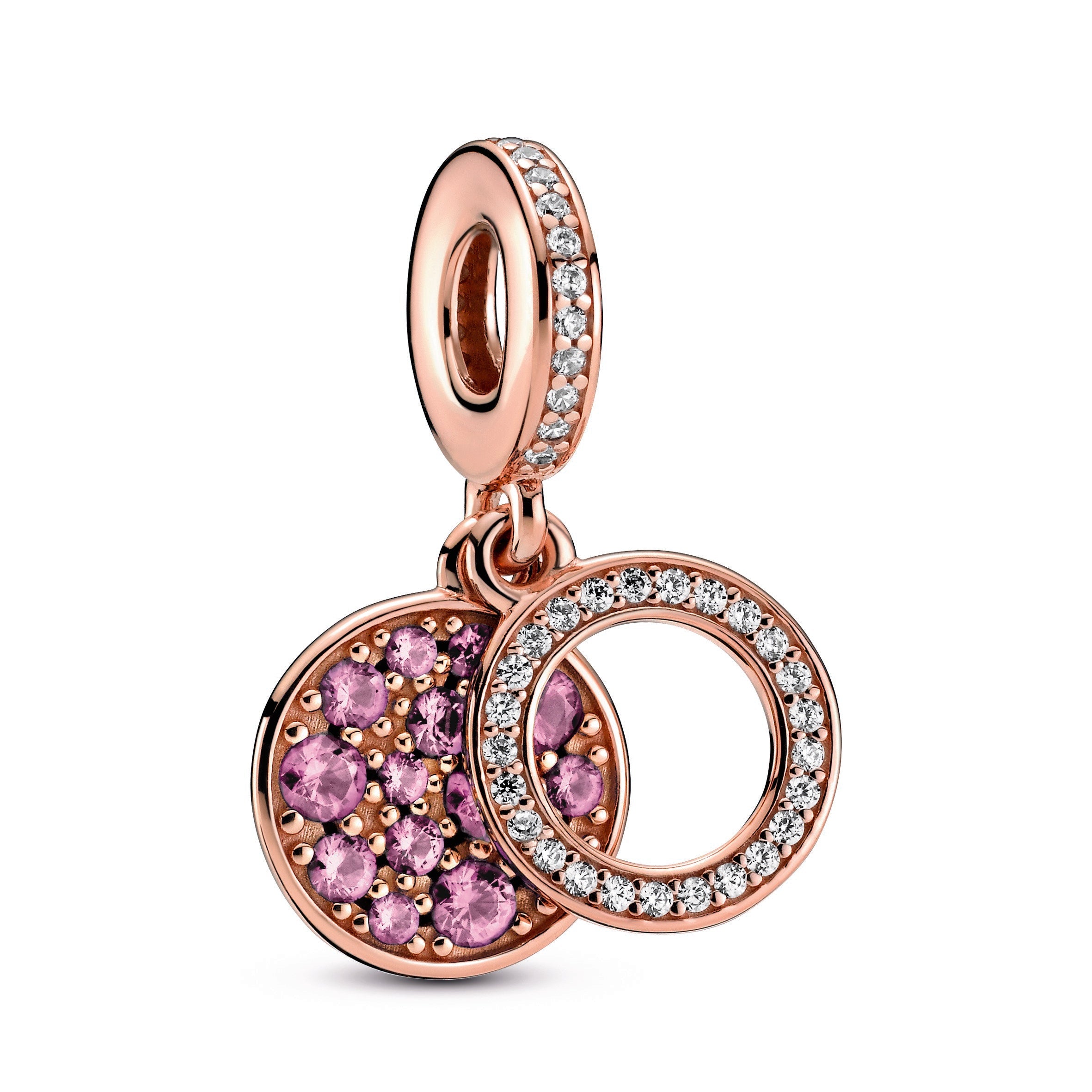 PANDORA Sparkling Pink Disc Double Dangle Charm 14K Rose Gold Plated Unique Metal Blend Charms Bracelet Charm Jewelry Gift