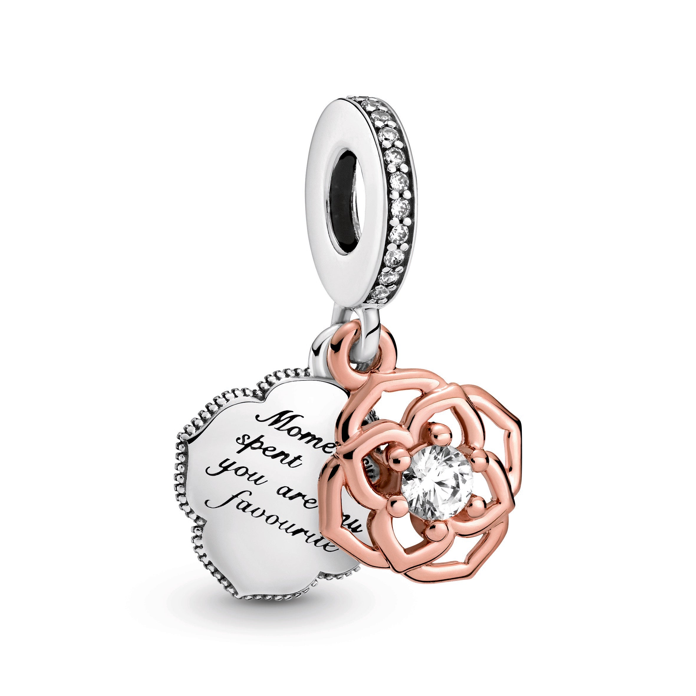 PANDORA Two-tone Rose Dangle Charm 14K Rose Gold Plated Unique Metal Blend Love Charms Bracelet Charm Jewelry Gift