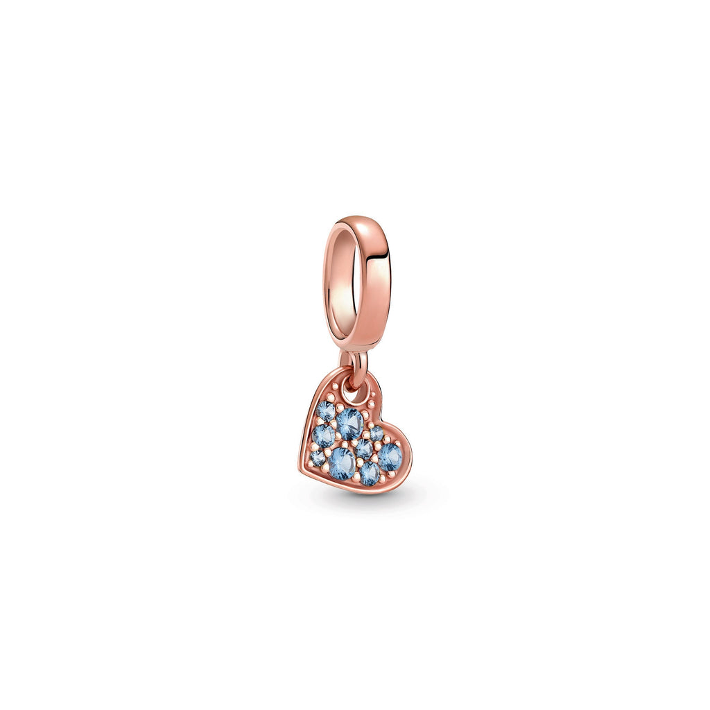 PANDORA Light Blue Pavé Tilted Heart Dangle Charm 14K Rose Gold Plated Unique Metal Blend Charms Bracelet Charm Jewelry Gift