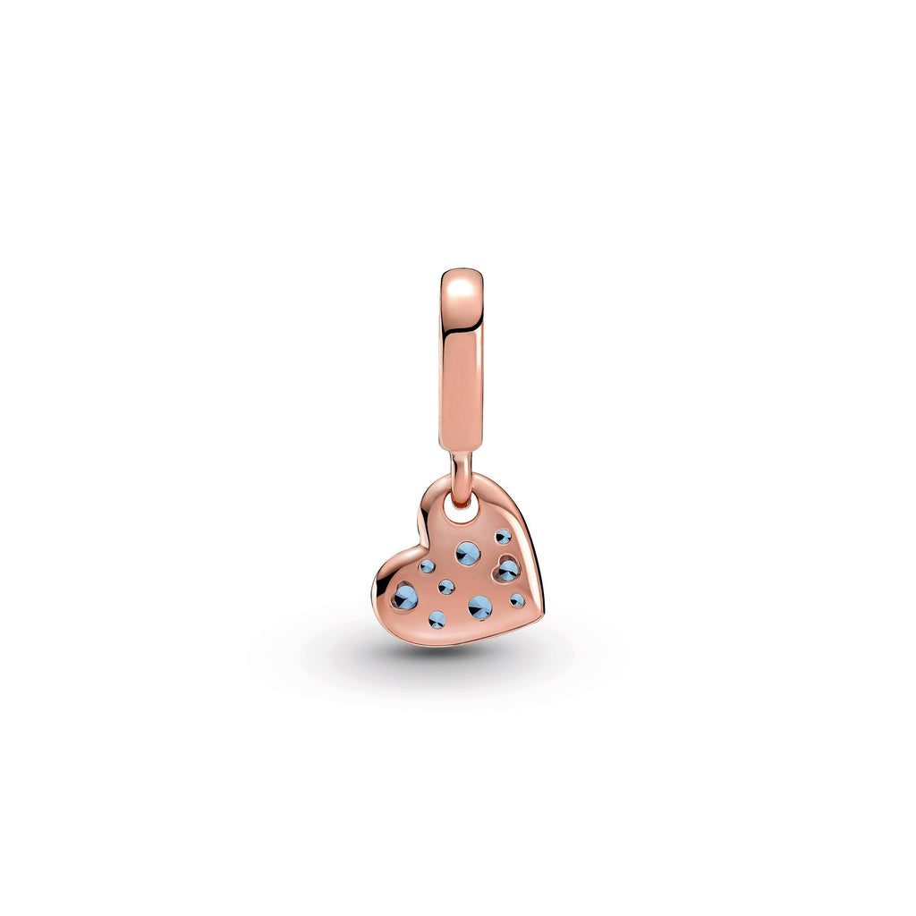 PANDORA Light Blue Pavé Tilted Heart Dangle Charm 14K Rose Gold Plated Unique Metal Blend Charms Bracelet Charm Jewelry Gift