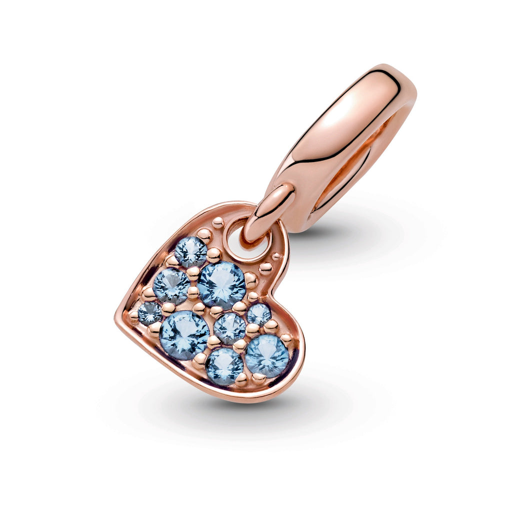 PANDORA Light Blue Pavé Tilted Heart Dangle Charm 14K Rose Gold Plated Unique Metal Blend Charms Bracelet Charm Jewelry Gift